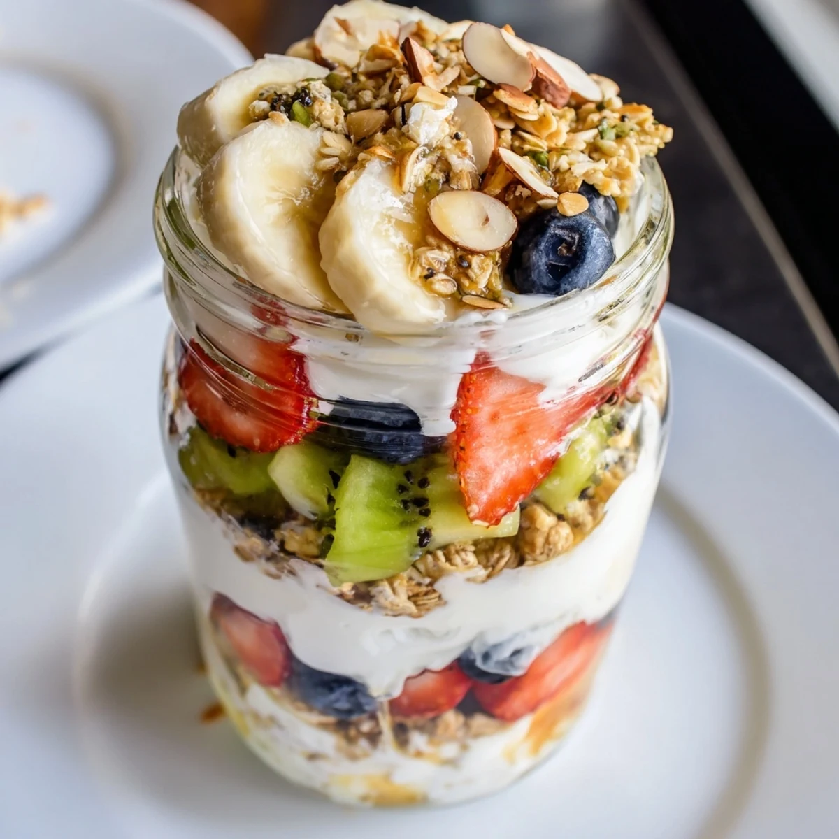Image of a layered Yogurt Fruit Parfait with a vertical view, showcasing colorful fruits and granola in a glass.