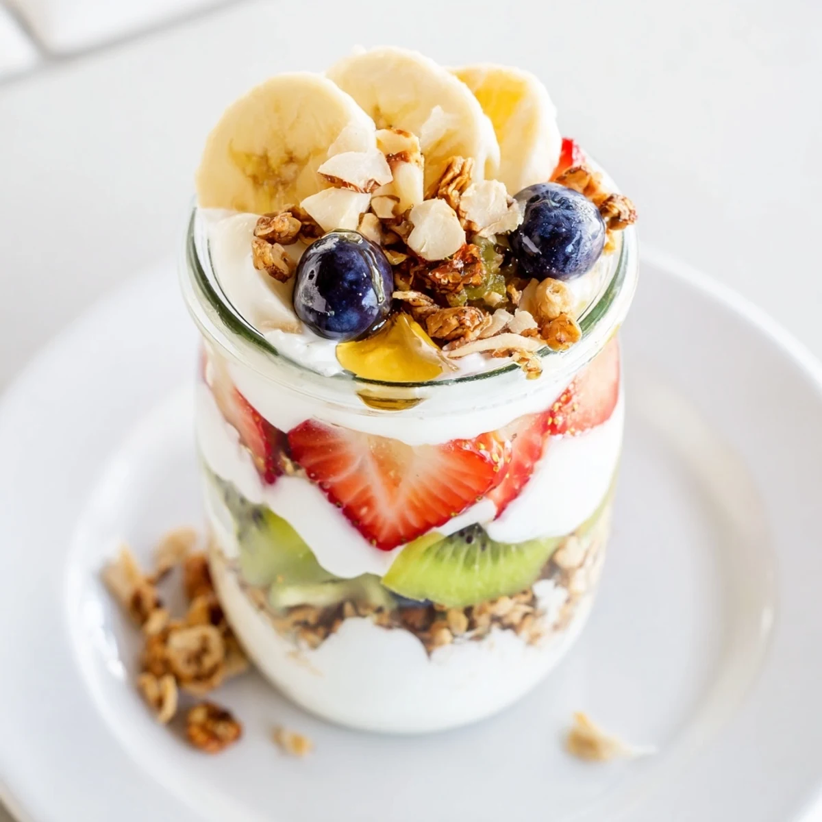 A refreshing Layered Yogurt Fruit Parfait with layers of creamy yogurt and colorful berries, ready to enjoy.
