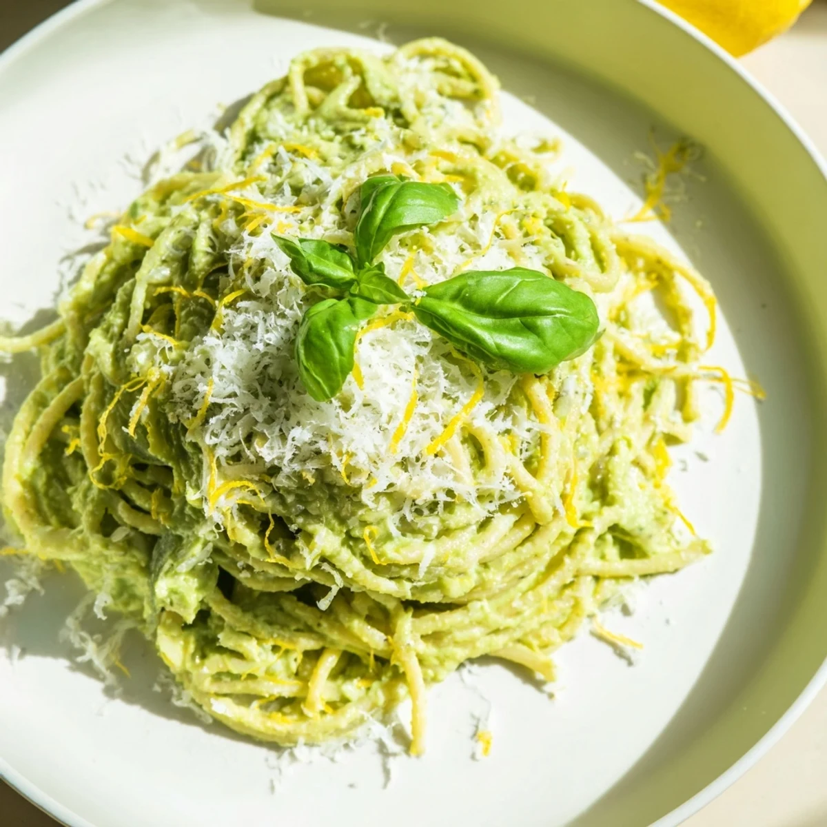 Vibrant creamy avocado pasta served with fresh basil and Parmesan, ready for a delicious dinner.