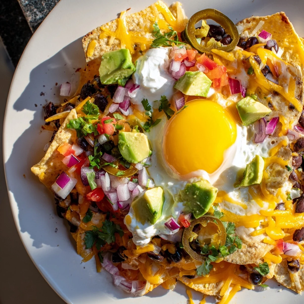 Melted cheese bubbles on these hearty Egg-Topped Breakfast Nachos, a colorful breakfast fiesta with fresh toppings.