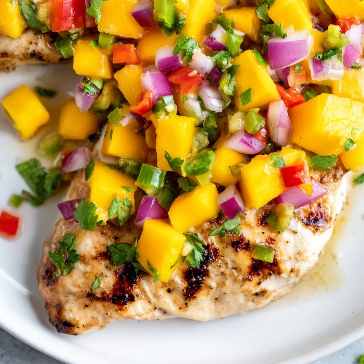 Juicy grilled Mango Salsa Chicken topped with vibrant mango salsa, ready for a delicious dinner.
