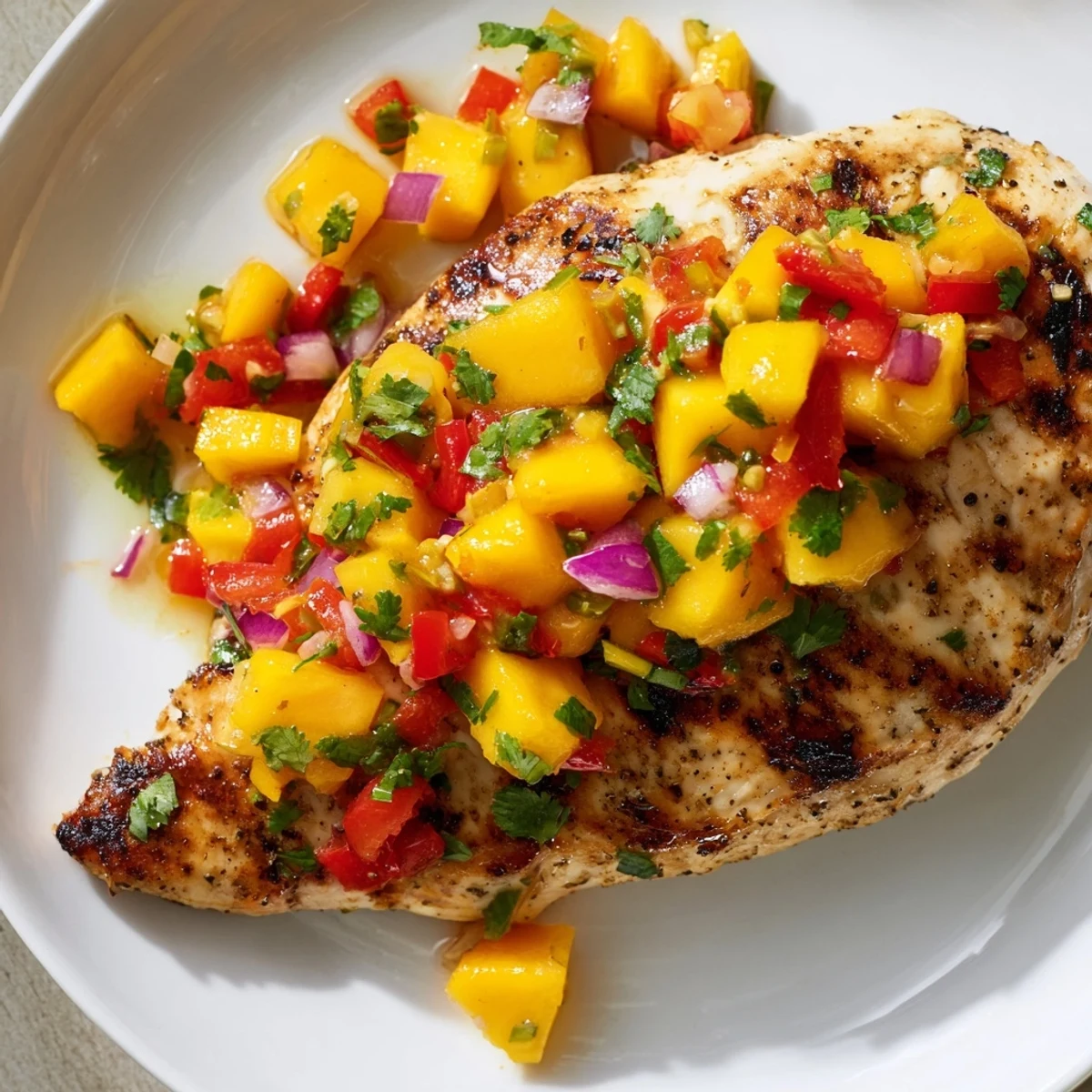 Served on a plate, the flavorful Mango Salsa Chicken looks perfect for a summer cookout.