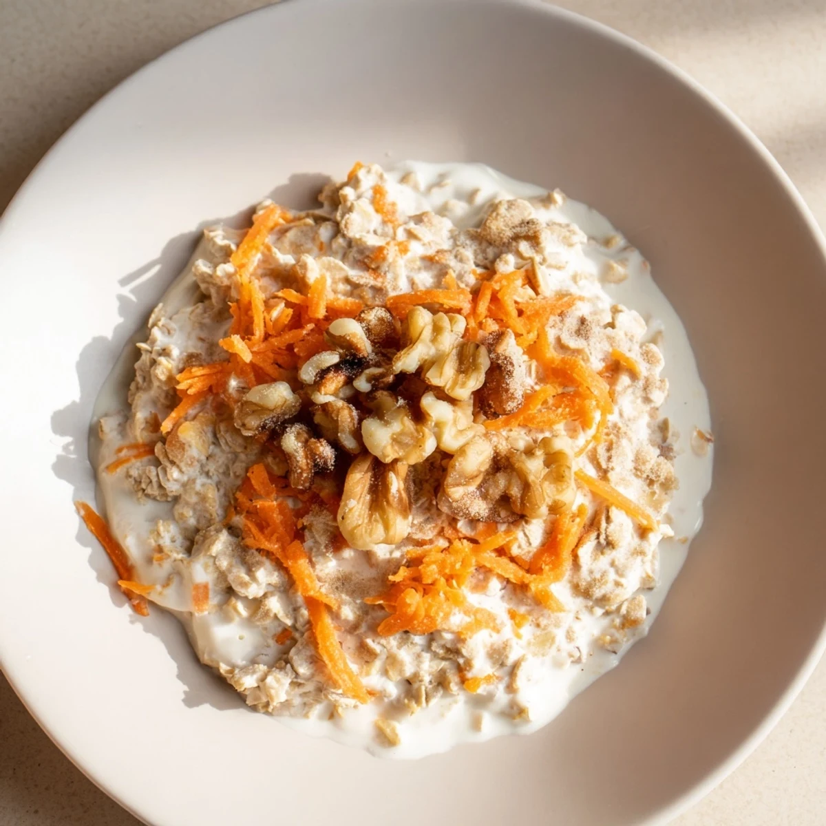 Creamy Carrot Cake Overnight Oats, layered with grated carrots and spiced oats, ready to chill overnight.