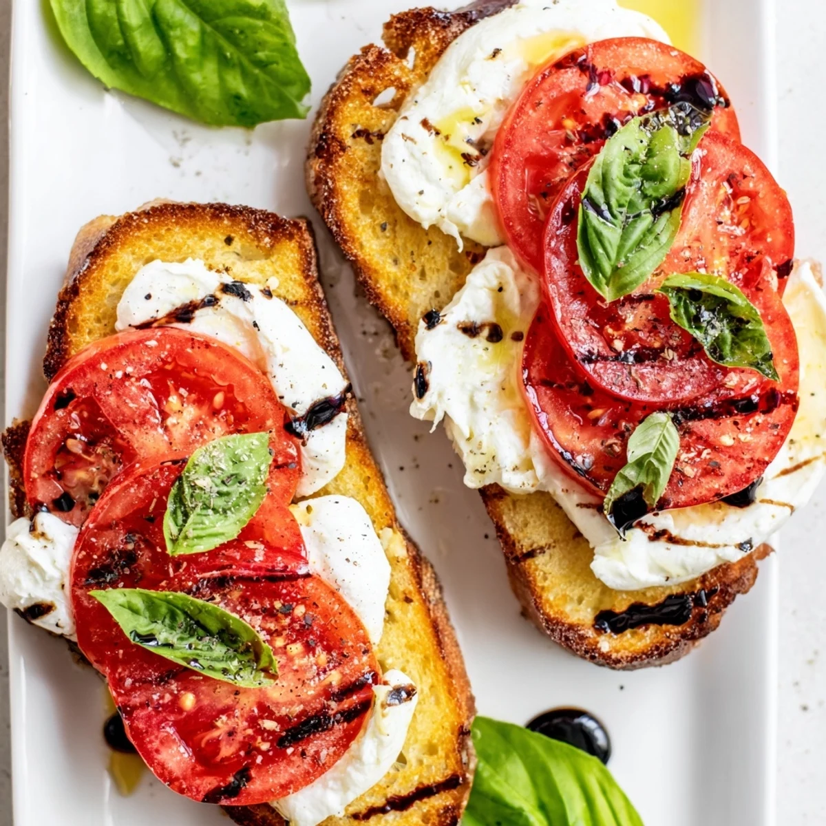 Toasted sourdough with creamy burrata, fresh tomatoes, and basil: delicious Tomato Burrata Toast.