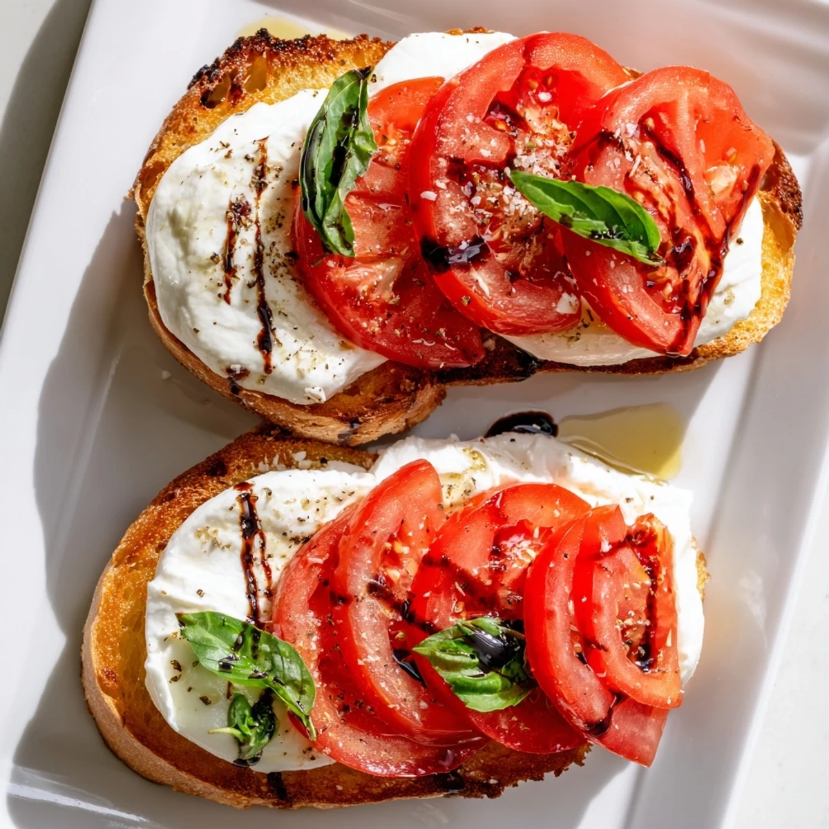 Fresh basil topping a lovely Tomato Burrata Toast, a simple brunch delight made with sourdough.