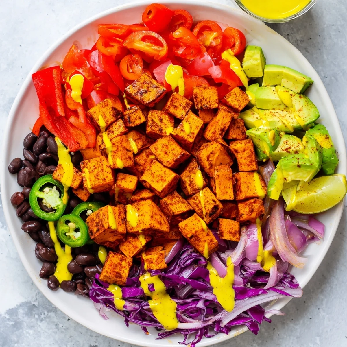Steaming Sweet Potato Taco Bowls showcasing roasted sweet potatoes and colorful vegetables with a tangy lime dressing.