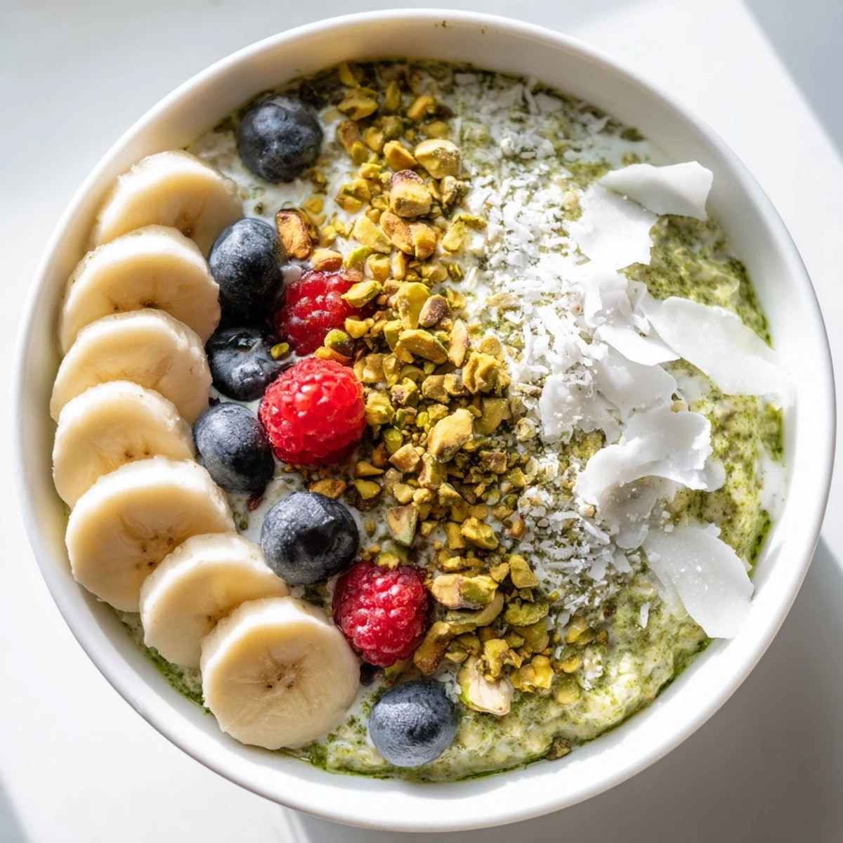 A close-up of creamy Matcha Overnight Oats with a luscious texture, perfect for quick morning meals.