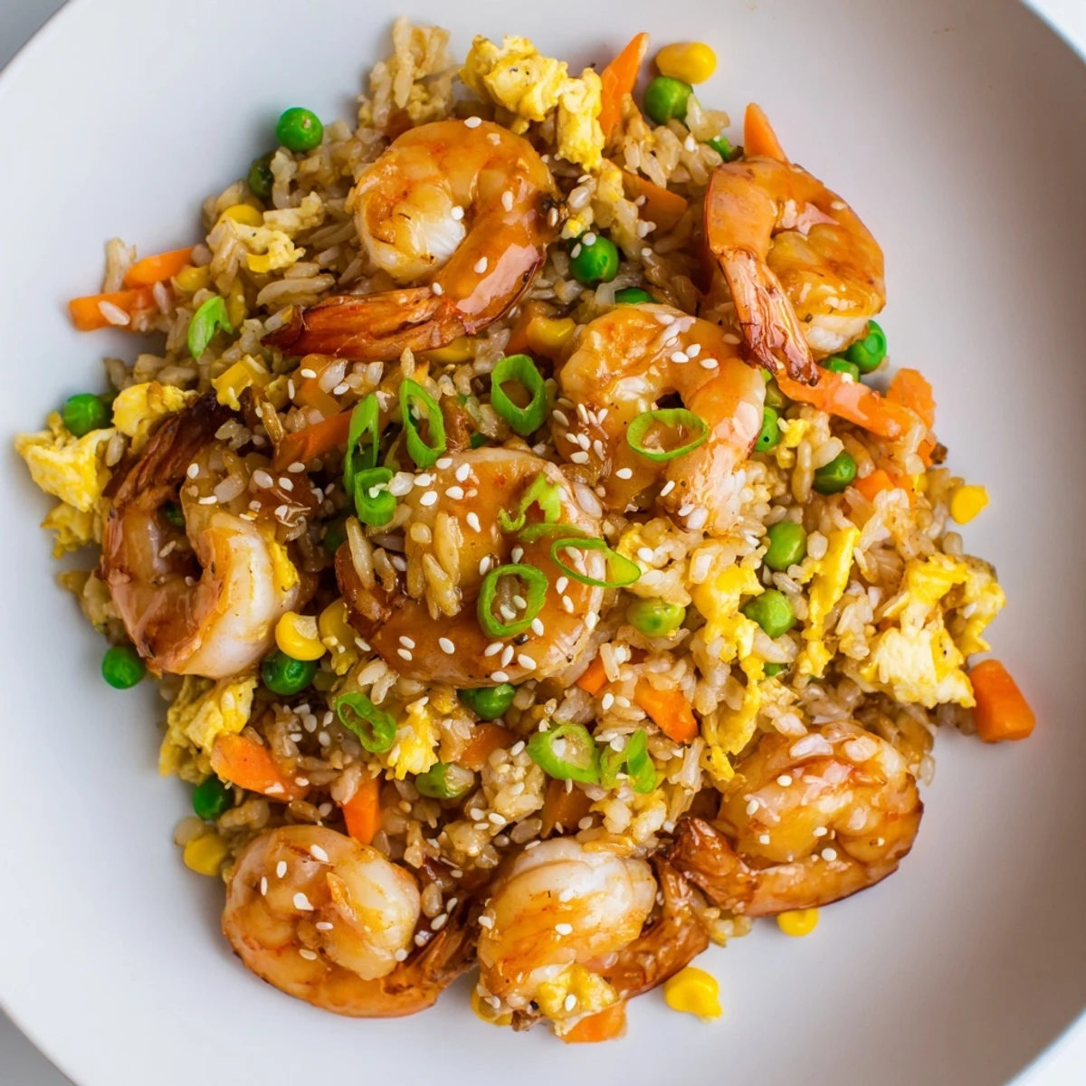Golden shrimp fried rice, a quick and satisfying meal with visible shrimp and veggies.