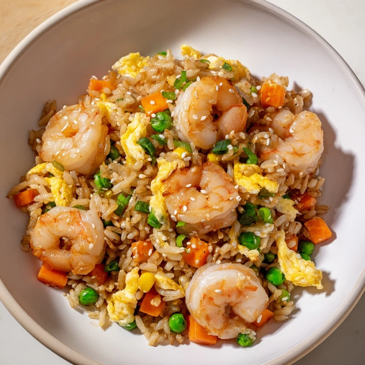 Close-up shot of homemade shrimp fried rice, inviting with savory aromas and vibrant colors.