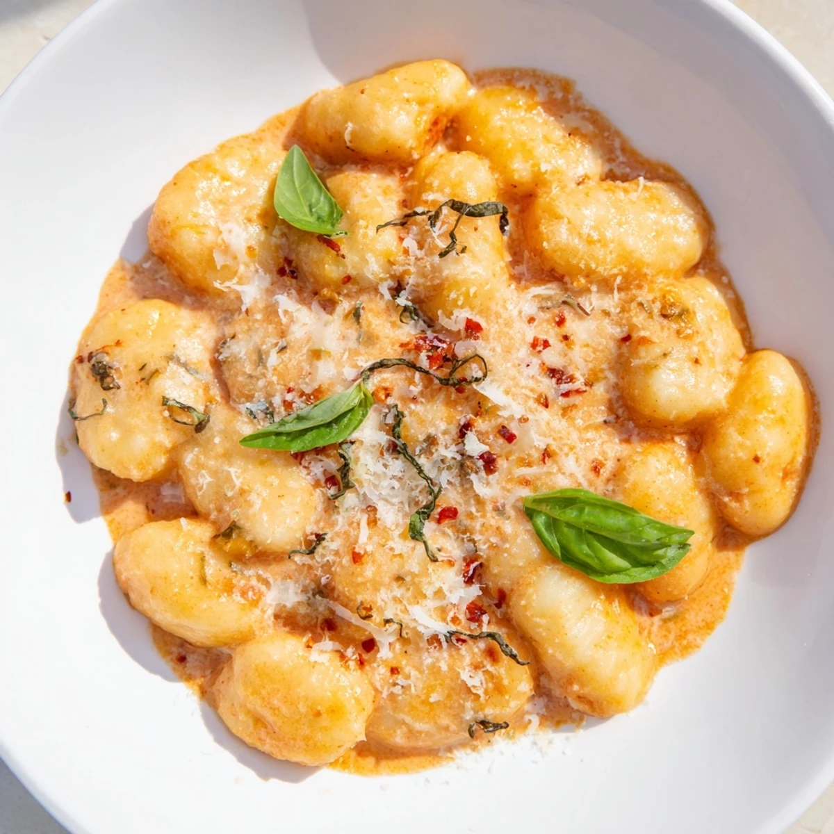 Steaming bowl of creamy tomato gnocchi, a comforting Italian-inspired vegetarian dinner.