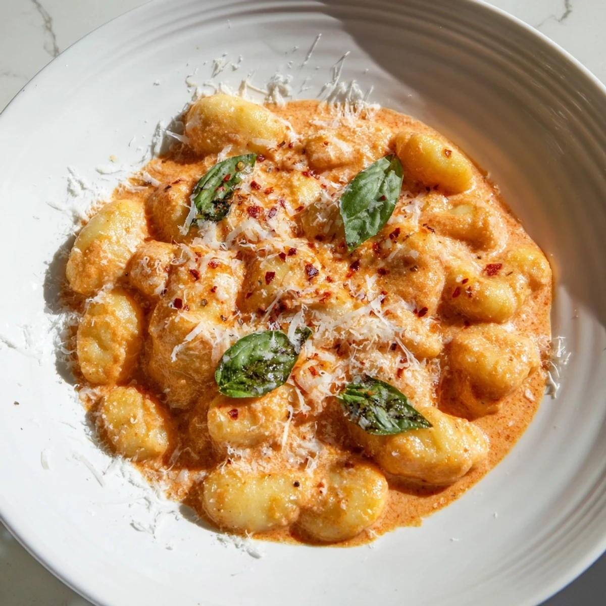 Close-up of creamy tomato gnocchi, showing the perfectly cooked gnocchi and rich sauce.