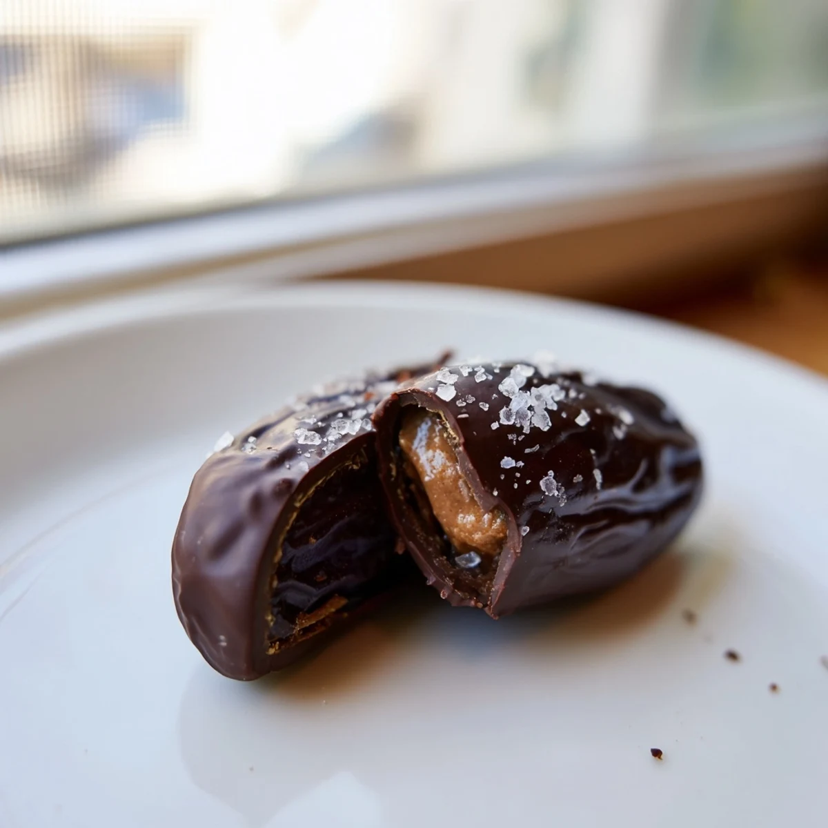 Rich, dark chocolate-covered Chocolate Peanut Butter Dates, a healthy snack sprinkled with sea salt.