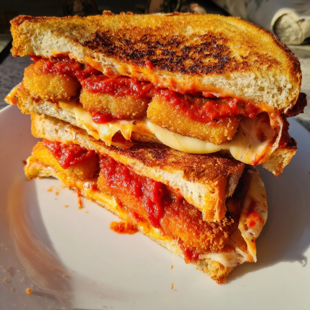 Golden, gooey Mozzarella Stick Grilled Cheese with marinara, ready for a satisfying, melty bite.