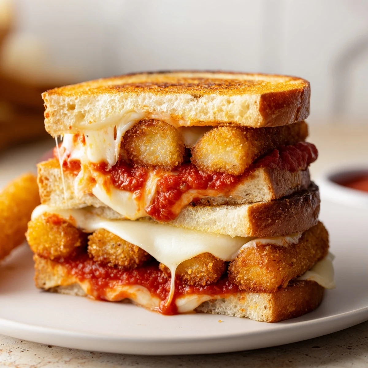 Crispy, golden-brown bread surrounds a molten Mozzarella Stick Grilled Cheese, dripping with marinara.