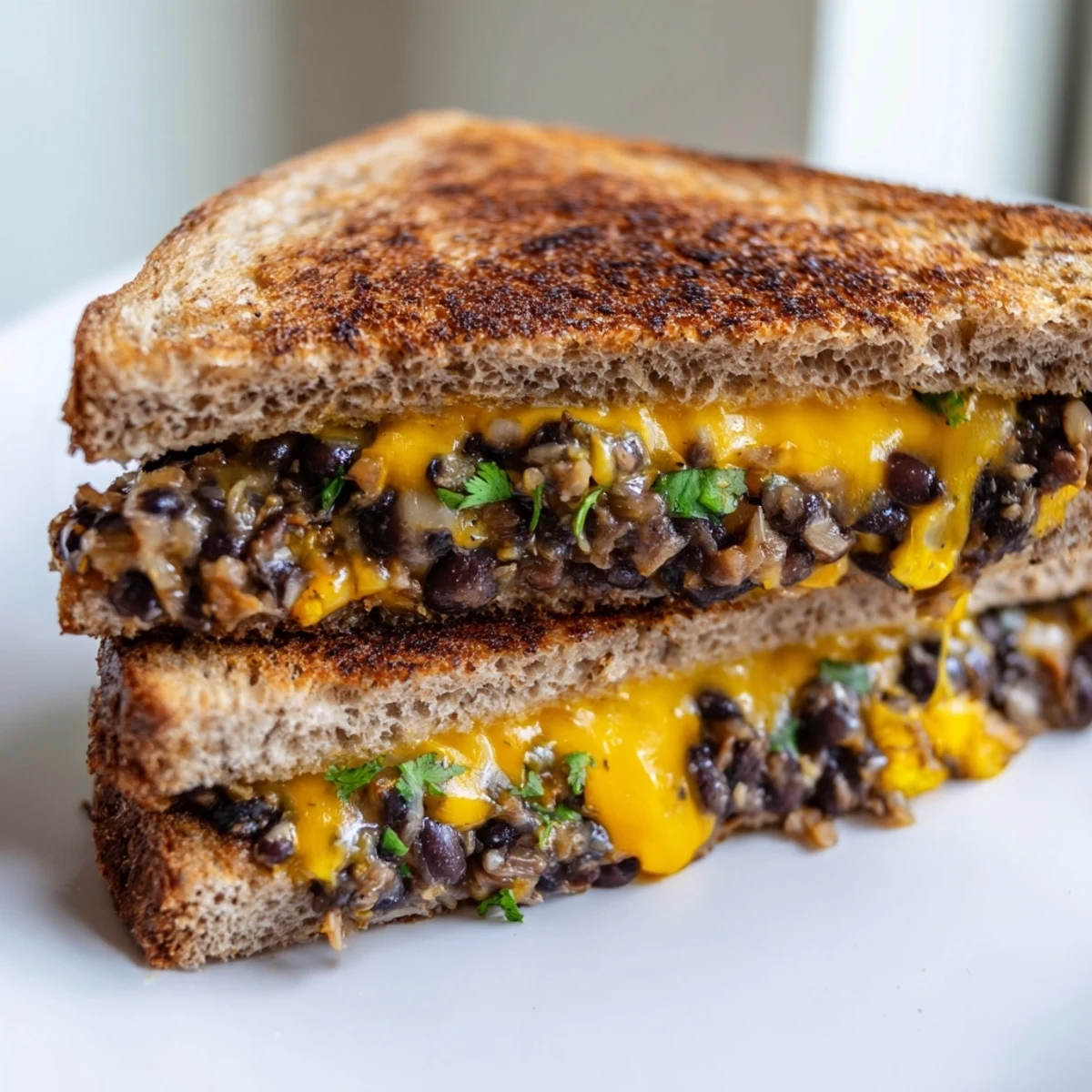 Golden-brown Black Bean Grilled Cheese, oozing with melted cheese and savory black bean filling.