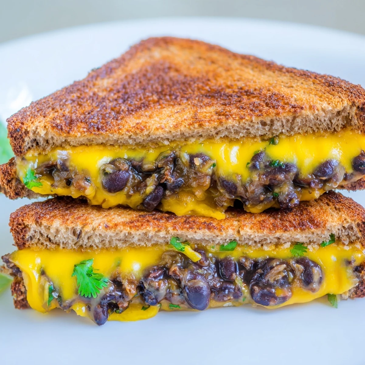 A close-up shot of a perfectly grilled Black Bean Grilled Cheese, ready to be sliced and devoured.