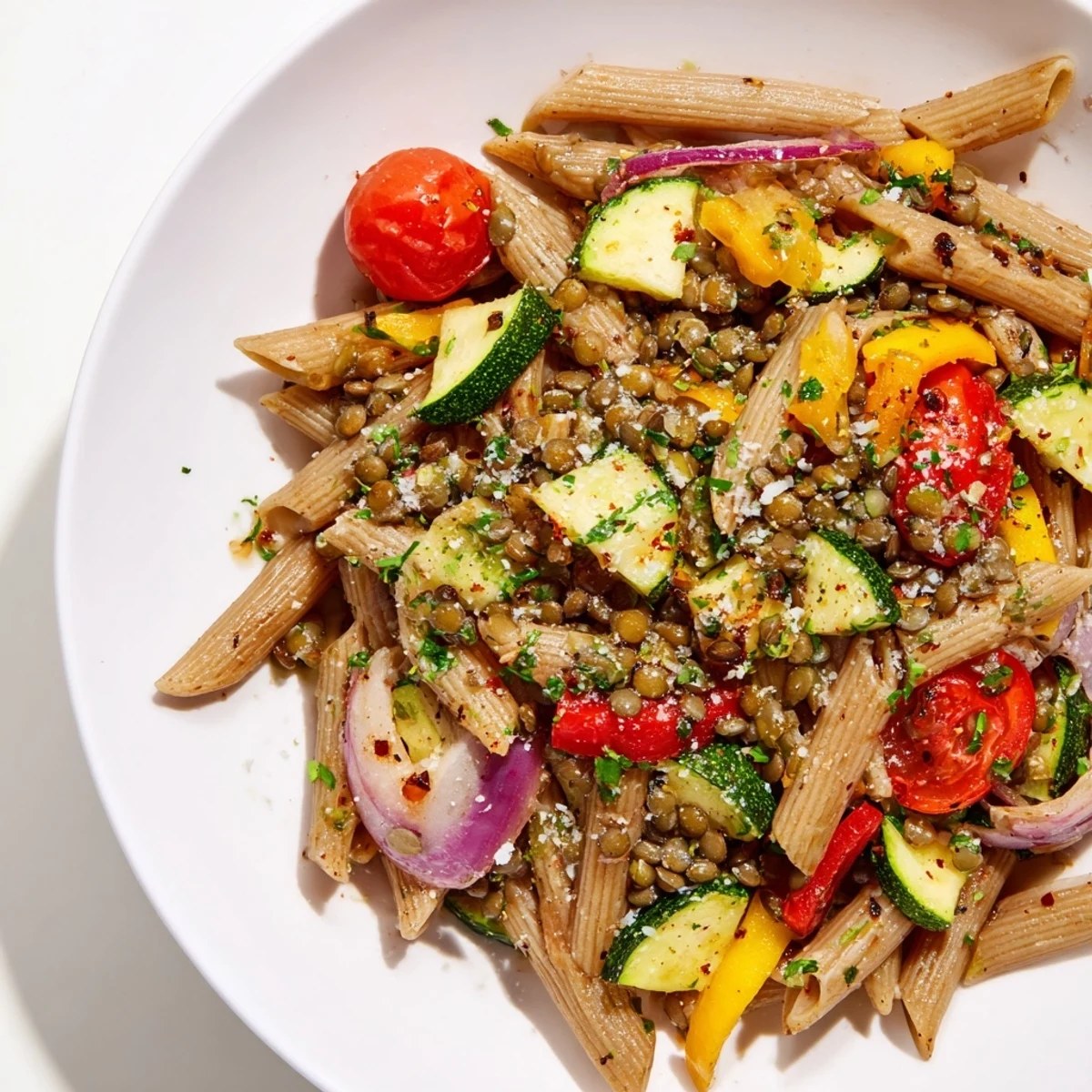 Warm Lentil Pasta with Vegetables, featuring roasted bell peppers and zucchini, ready to serve.