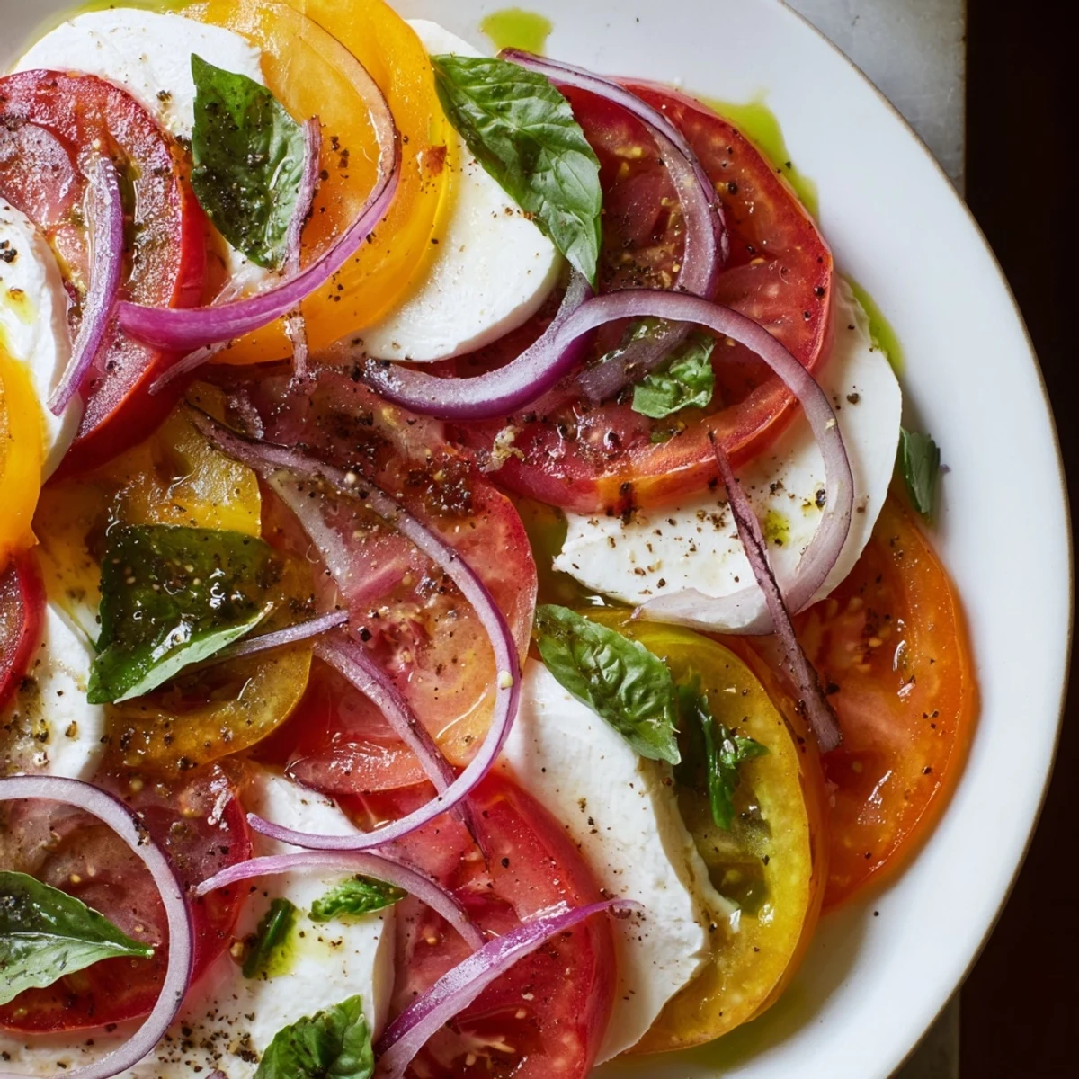 Juicy Summer Tomato Salad with basil oil, mozzarella, and vibrant colors ready to serve.