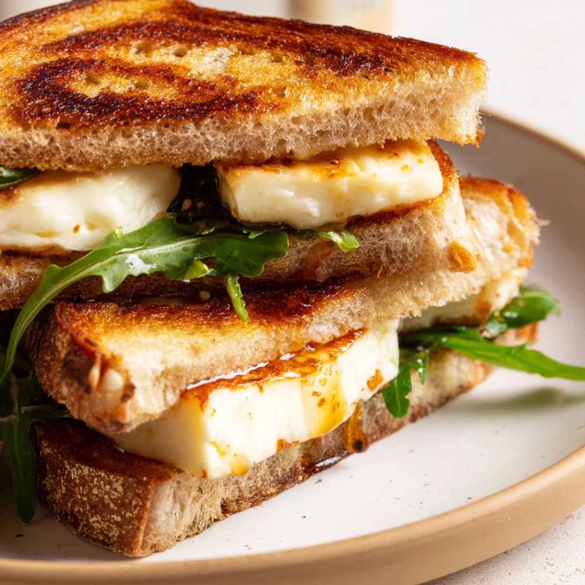 Close up shot of the Crispy Halloumi Grilled Cheese, with melted cheese and crispy bread.