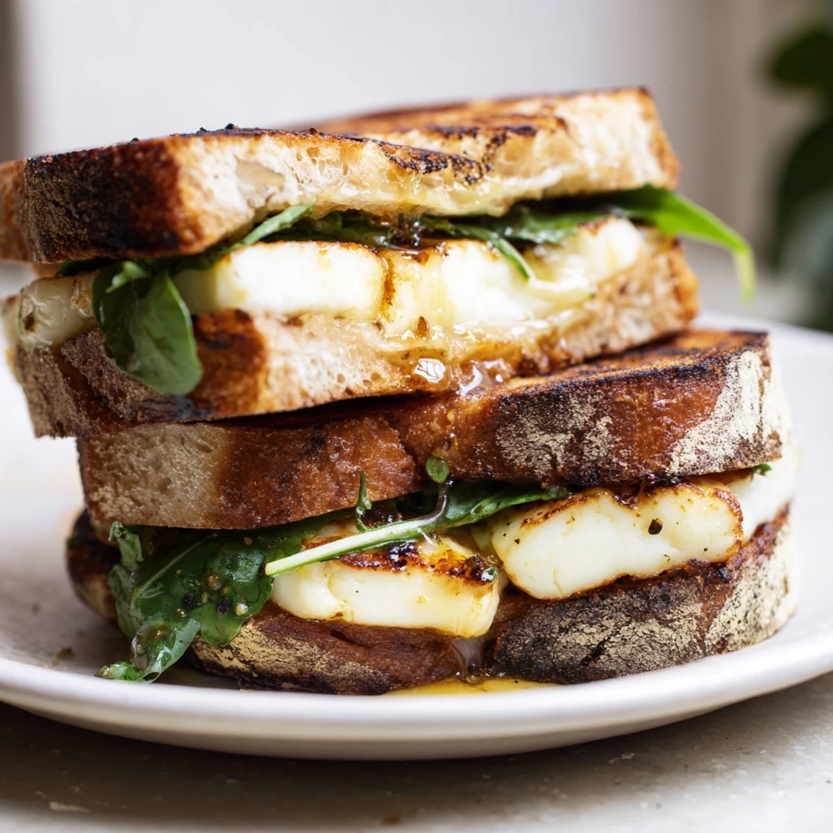 A finished Crispy Halloumi Grilled Cheese, alongside a bowl of tomato soup for a comforting meal.