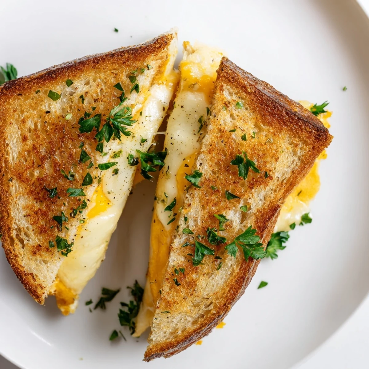 Golden, melted cheddar oozing out of a Garlic Butter Mayo Grilled Cheese, ready to eat.