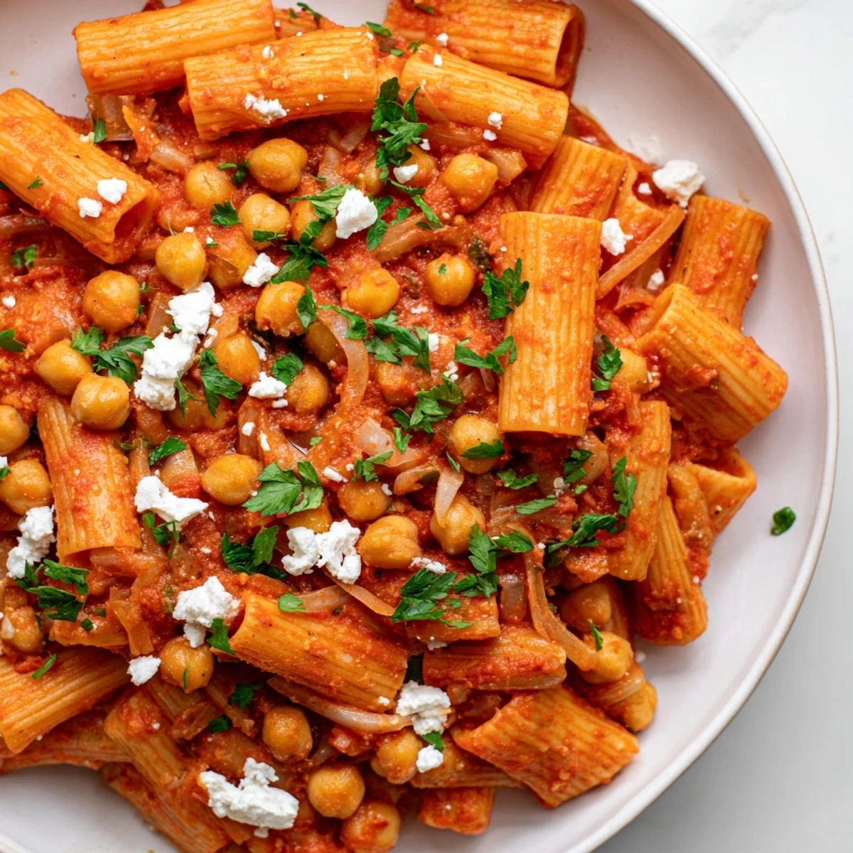 Steaming bowl of Harissa Chickpea Pasta showcasing the vibrant colors of the Mediterranean flavors.