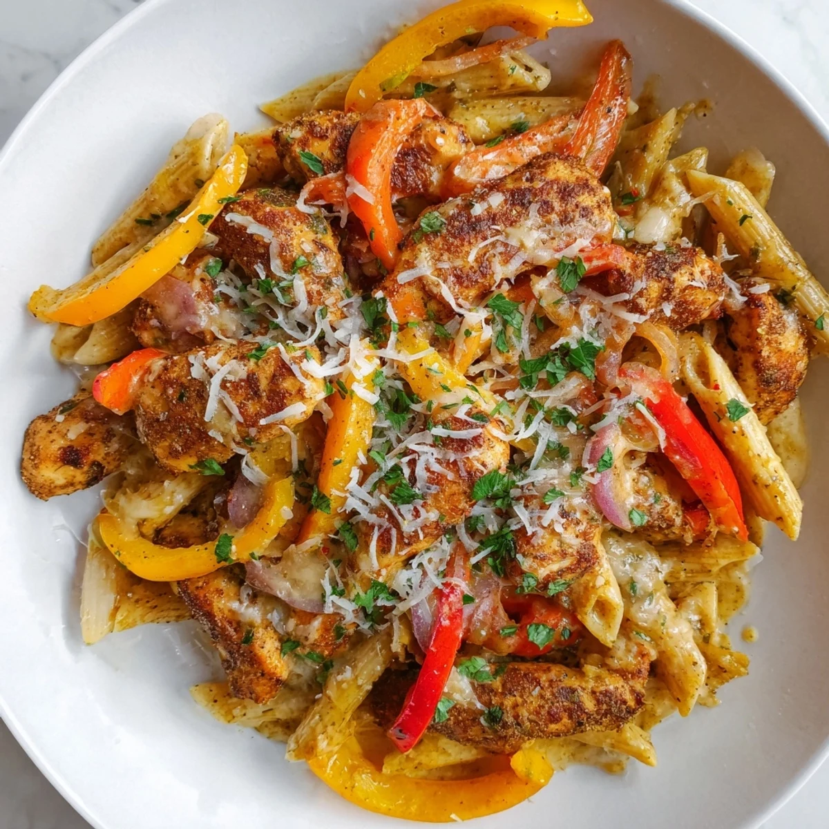 Creamy Cajun chicken pasta, a comforting bowl of pasta with vibrant bell peppers and parsley.