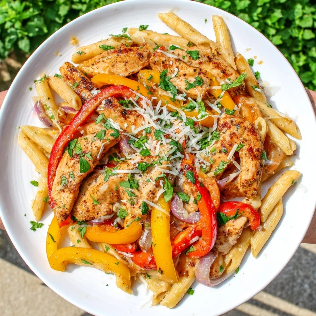 Tender Cajun chicken pasta with a spicy cream sauce, ready to be served and enjoyed at dinner.