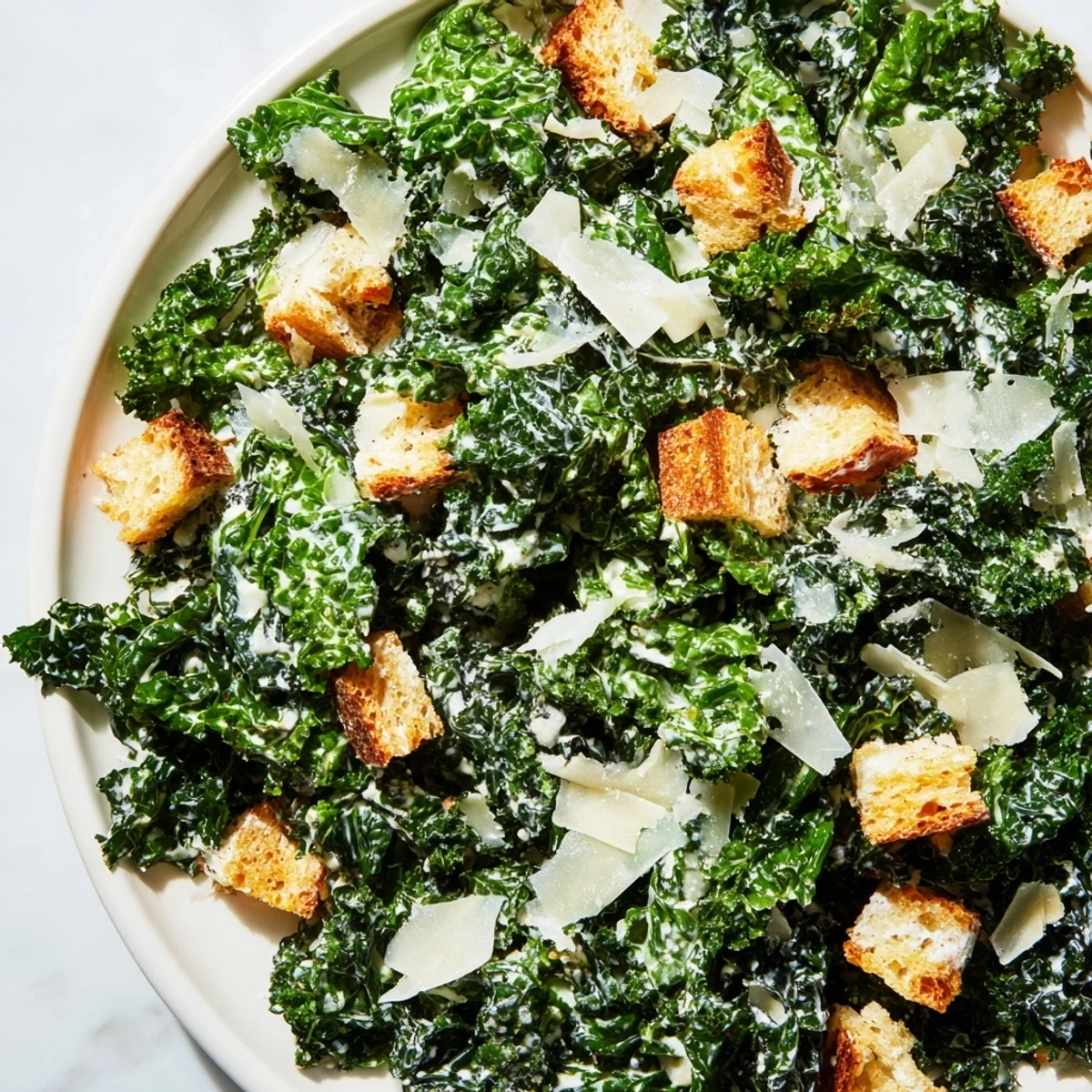 Fresh Kale Caesar Salad with crispy croutons, Parmesan, and creamy dressing, ready to enjoy.