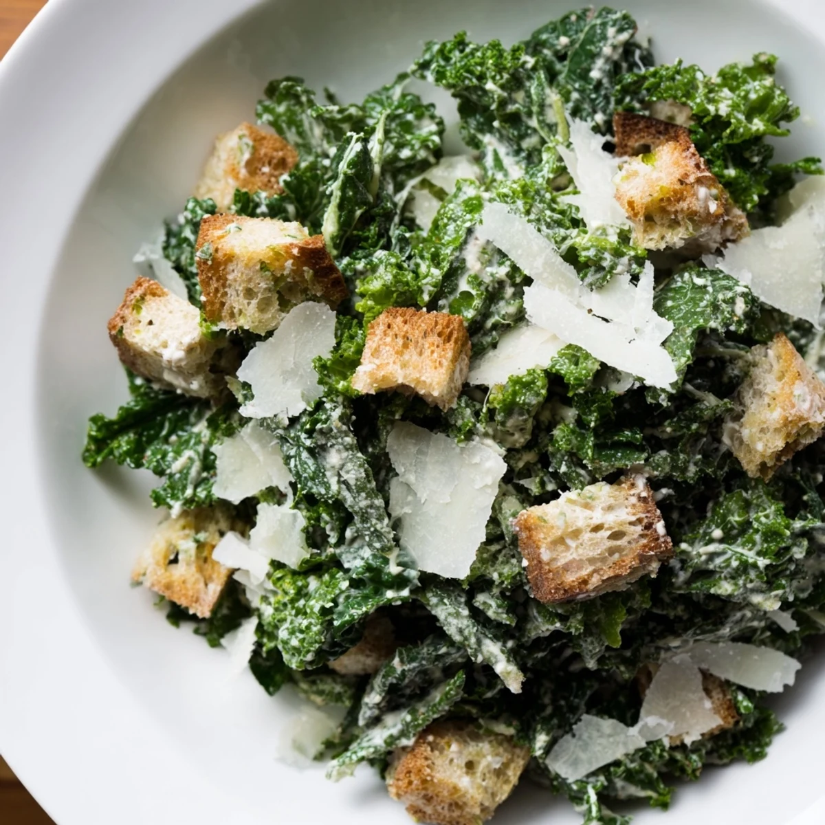 Enjoy a delicious and healthy Kale Caesar Salad, a flavorful salad with crunchy croutons.