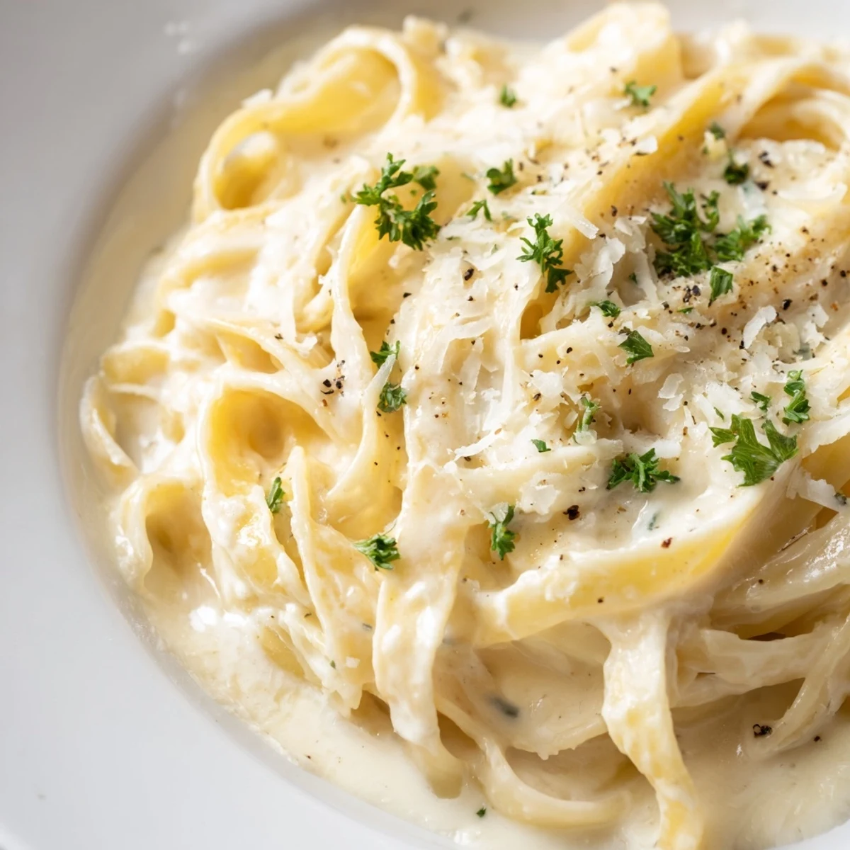 Creamy Cottage Cheese Alfredo sauce swirled on pasta, ready for a delicious, protein-packed Italian meal.
