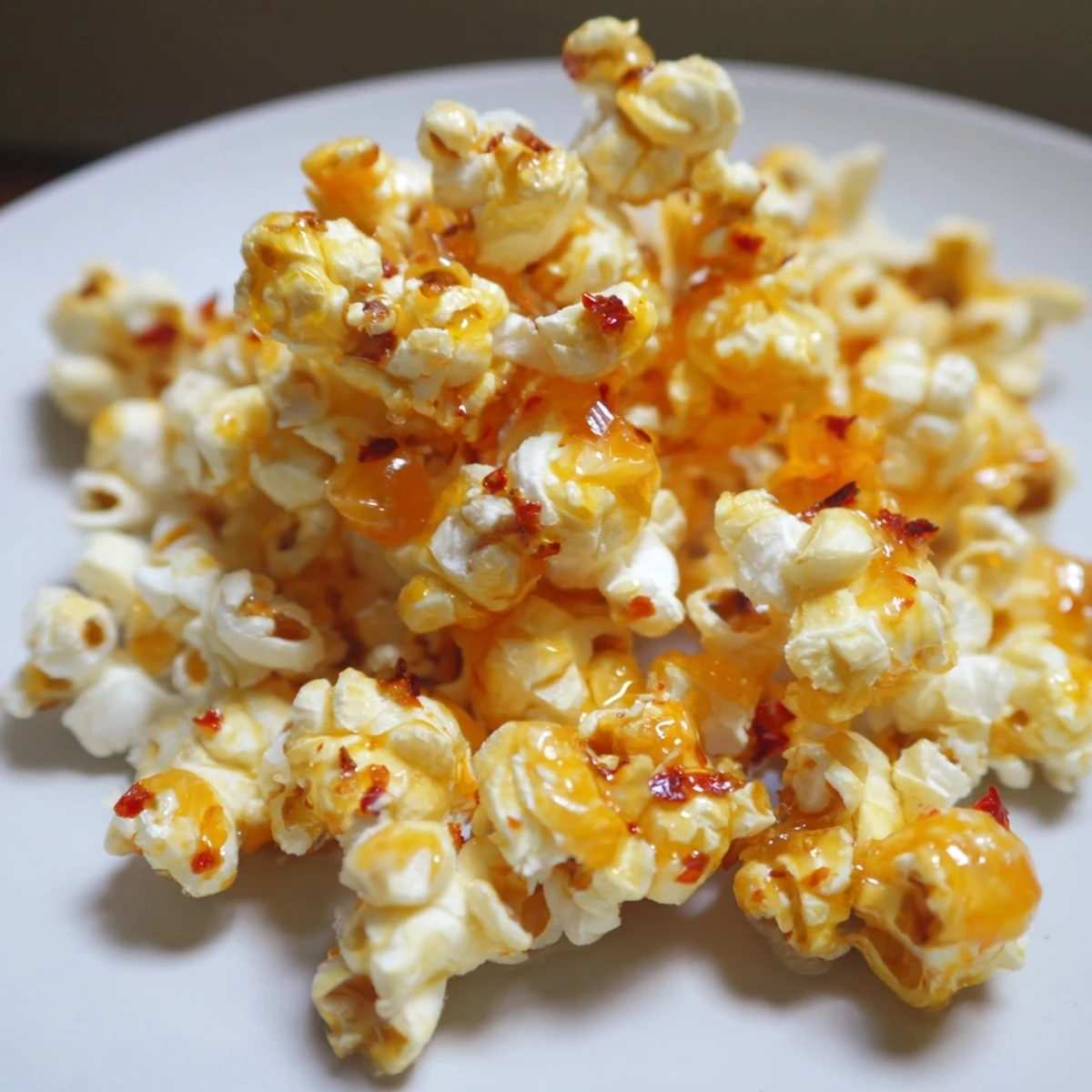 Close-up of freshly made Hot Honey Butter Popcorn, coated evenly and ready to enjoy as a snack.