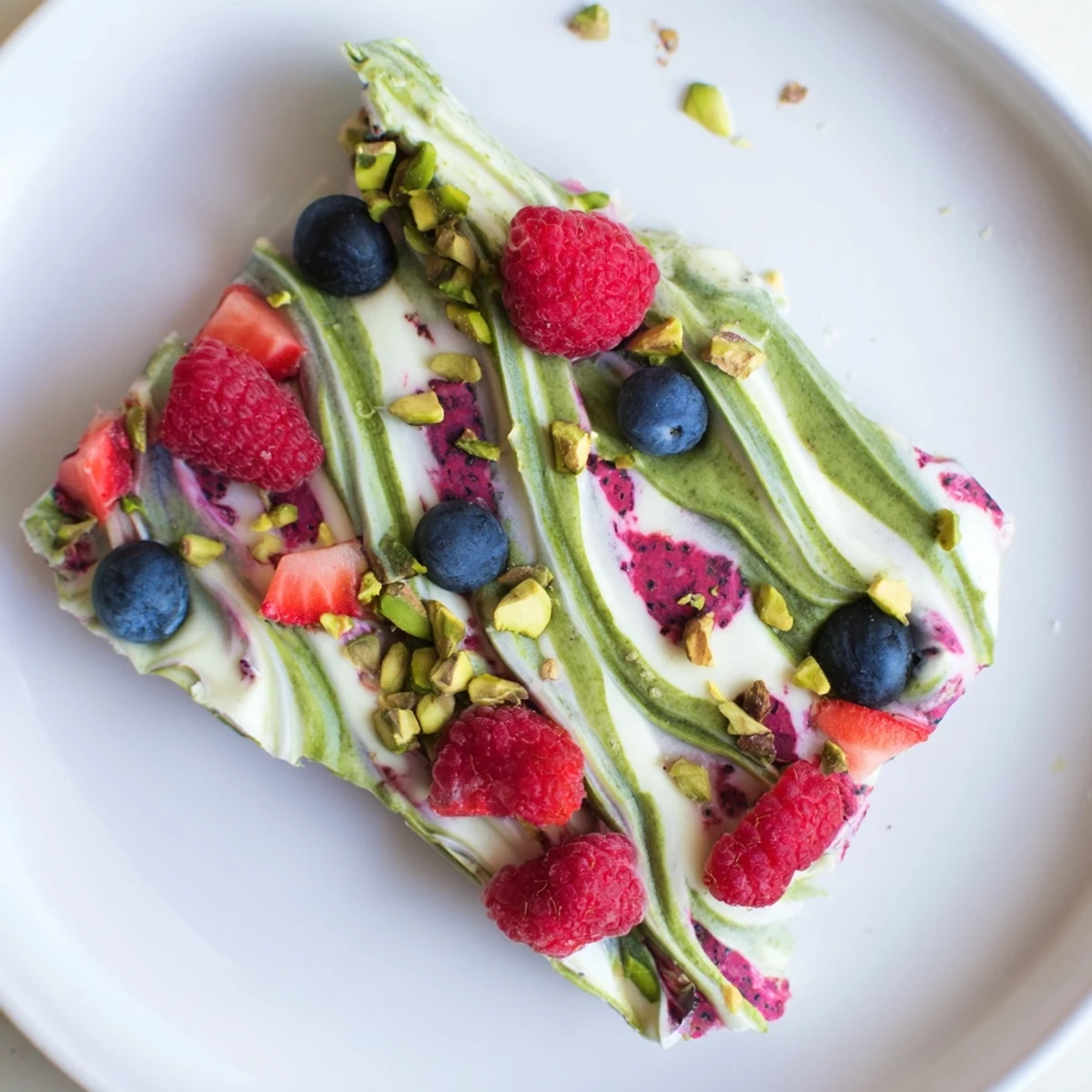 Homemade frozen yogurt bark, featuring vibrant berry swirls and crunchy pistachios, served chilled and refreshing.