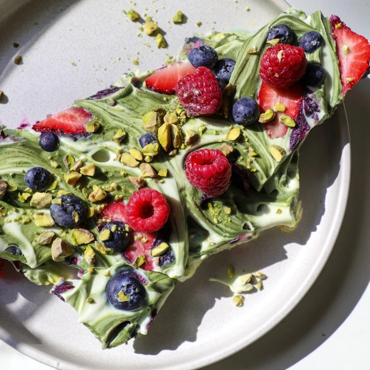 Frozen yogurt bark swirled with matcha and berries—a colorful, cool, and delicious dessert to enjoy.