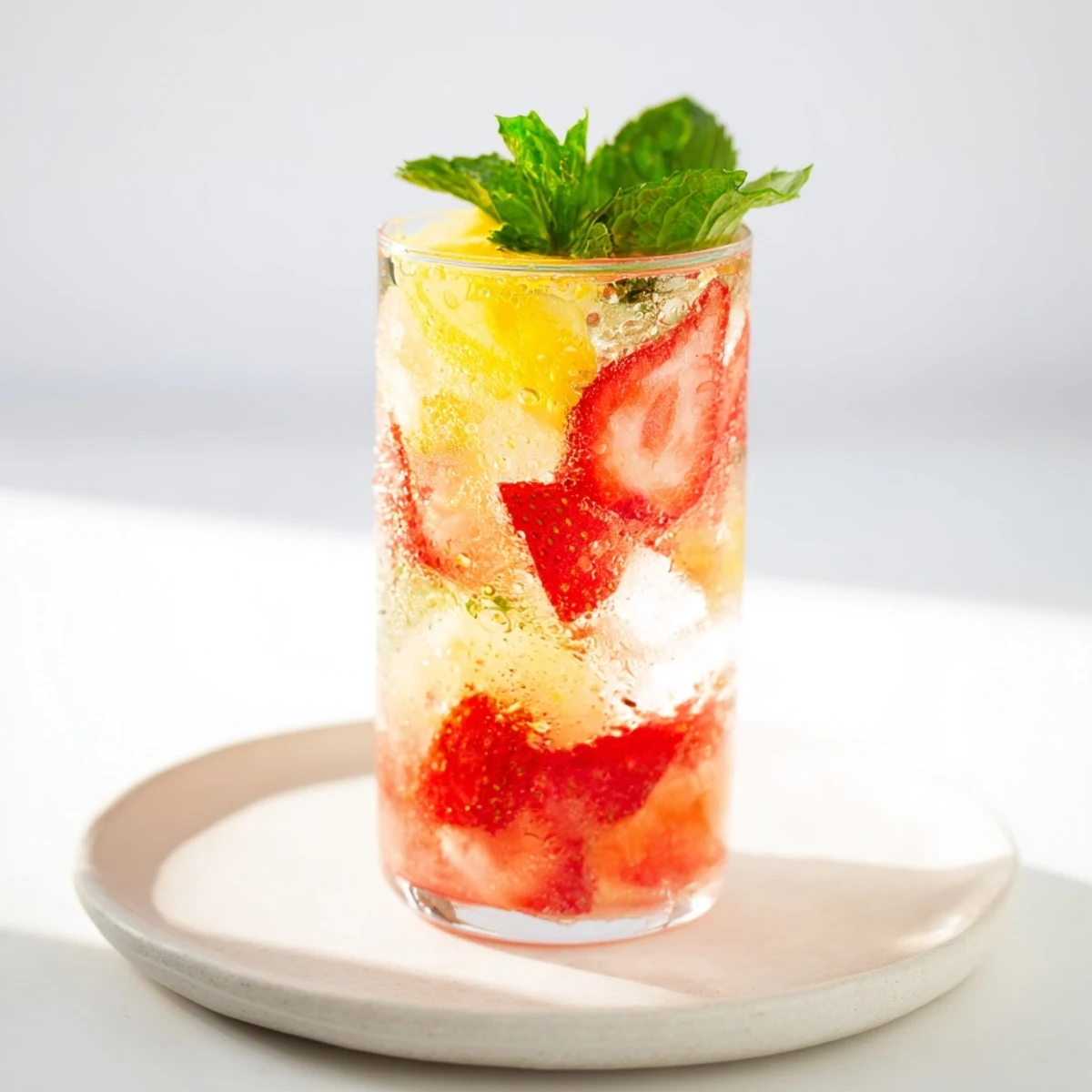 Bright red and yellow homemade fruit refresher drinks garnished with fresh mint and fruit slices.