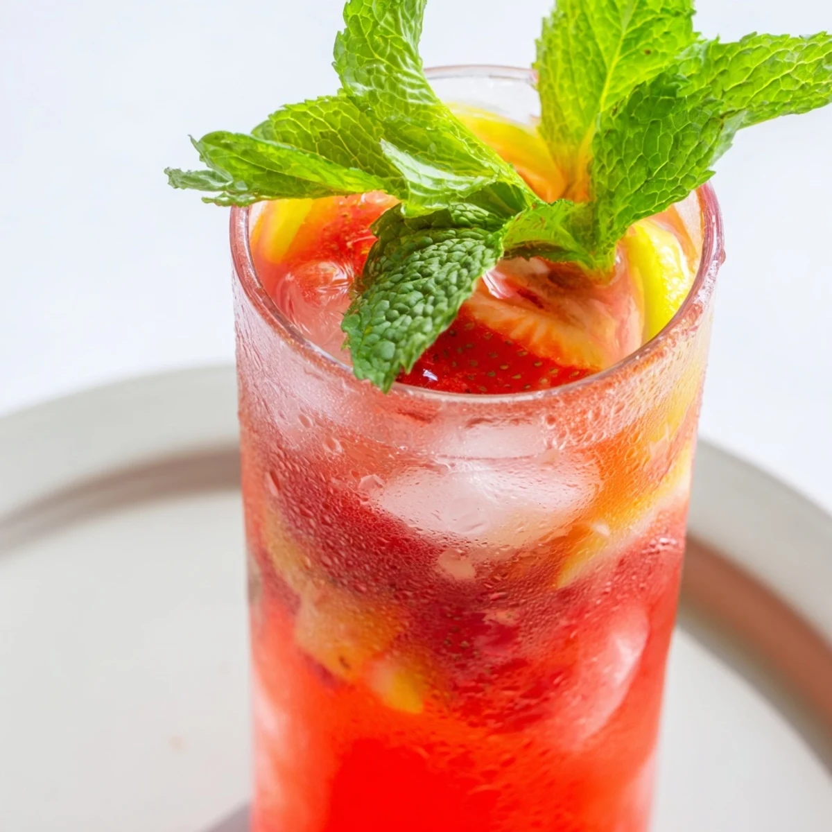 A pitcher of vibrant fruit refresher drinks, featuring strawberry and pineapple purees, ready to serve.