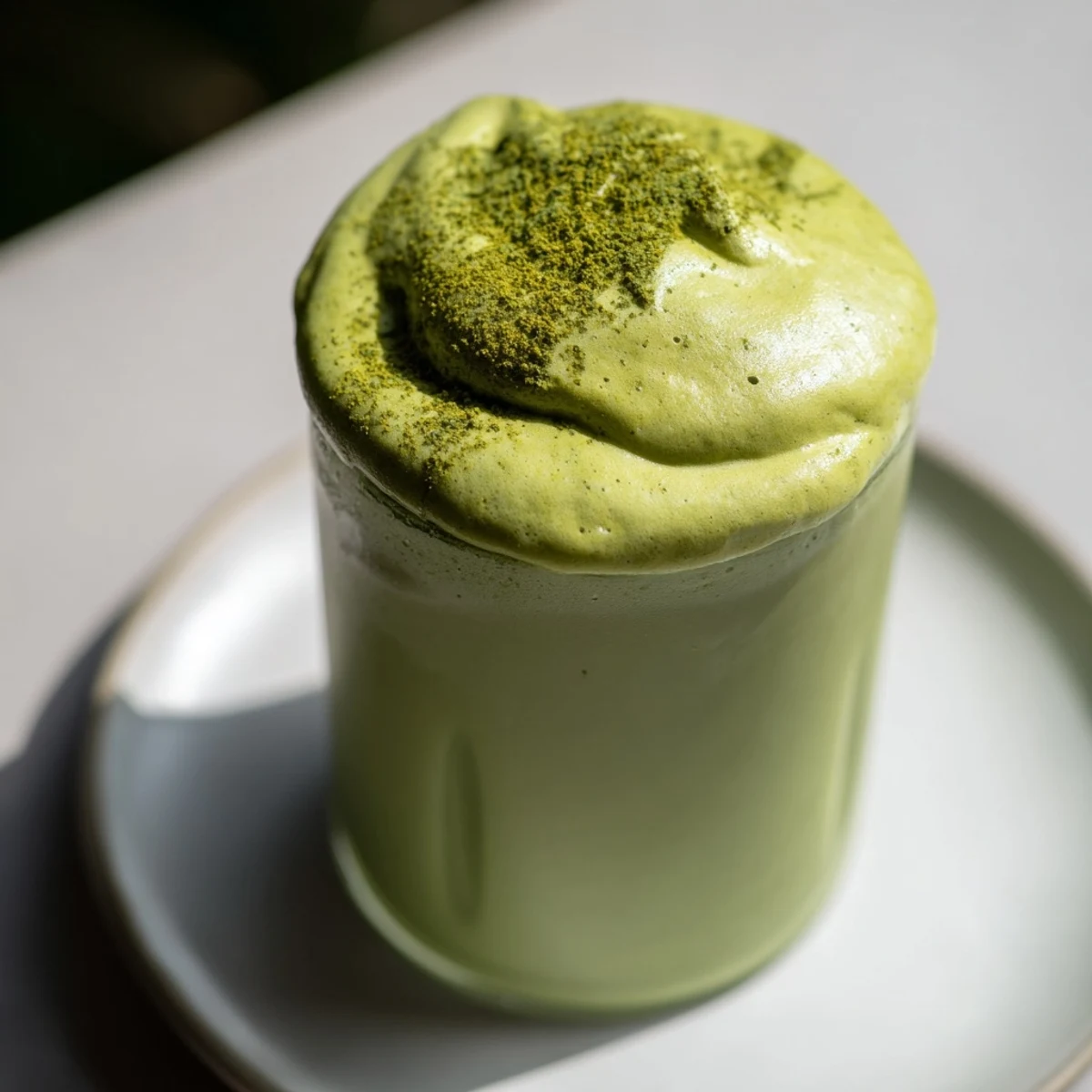 A creamy, vibrant Matcha Latte with cold foam, perfect for a refreshing afternoon beverage.