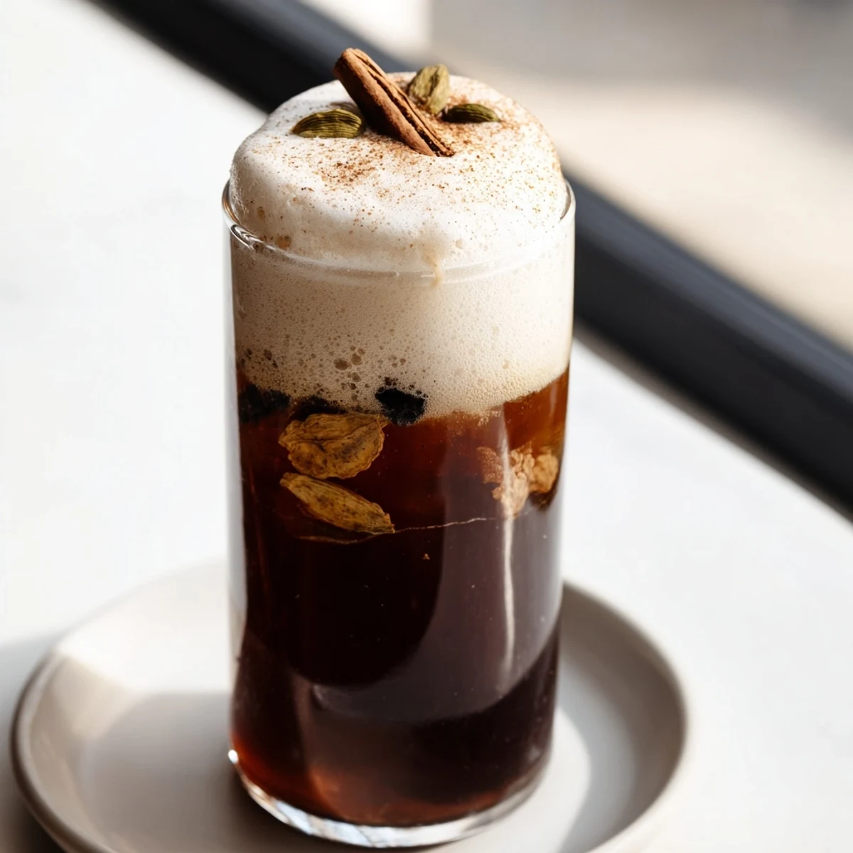 See the rich color of this homemade iced chai, served cold with a dollop of vanilla-infused cold foam.