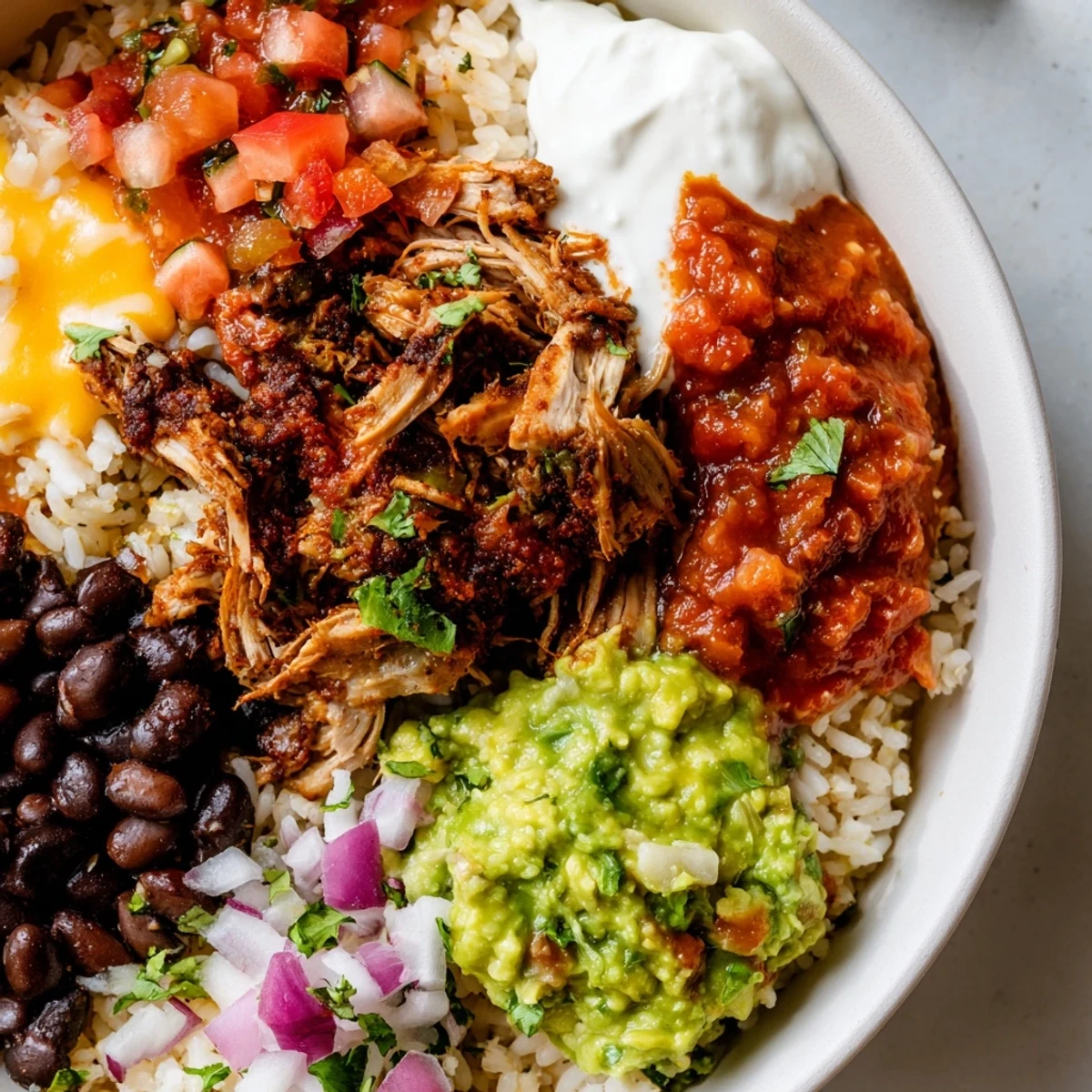 This Chipotle Burrito Bowl features vibrant, colorful components including guacamole and cilantro lime rice.