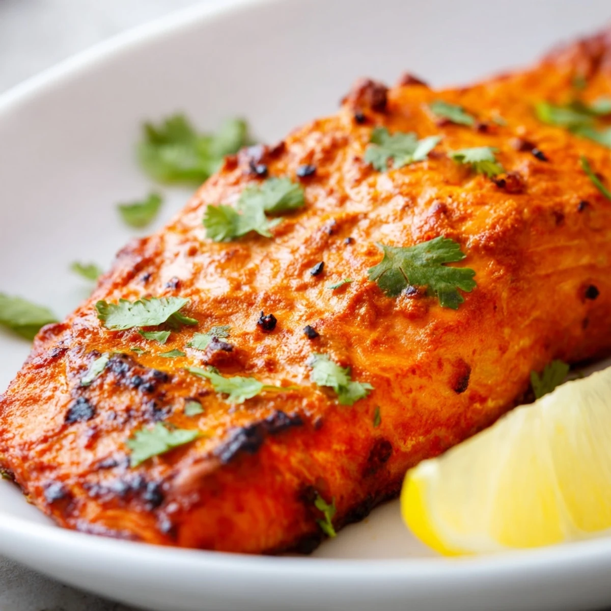 Golden-brown Indian Tikka Salmon, coated in a rich marinade, ready for a delicious dinner.