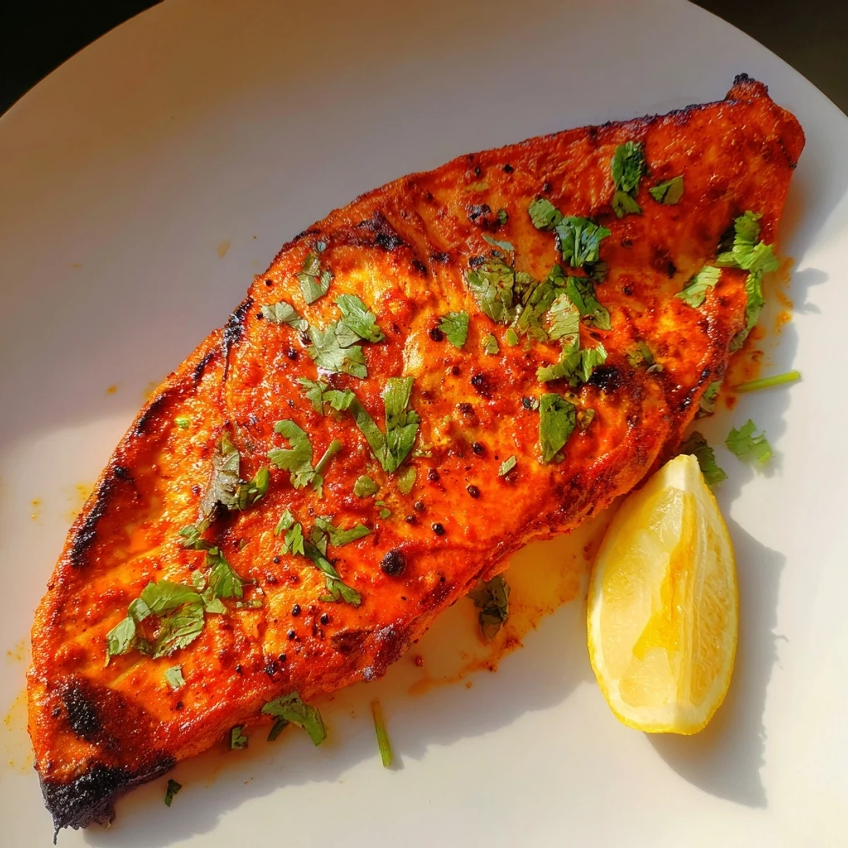Tender salmon fillets, bursting with flavor, from this easy and flavorful Indian Tikka Salmon recipe.