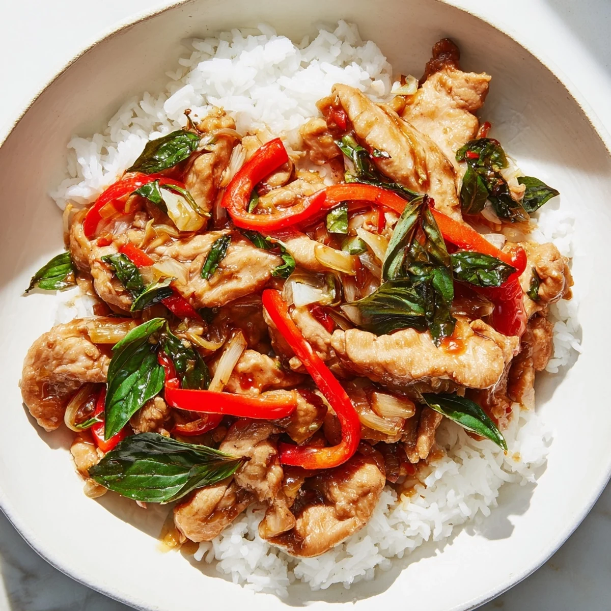 Enjoy the savory aroma of homemade Thai Basil Chicken Bowls with fresh basil and tender chicken.