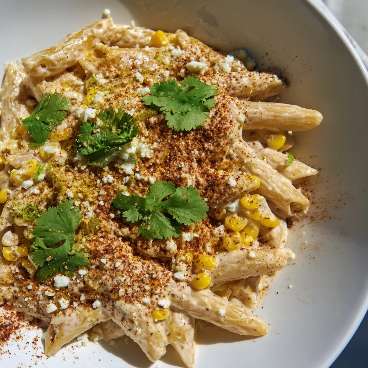 Creamy Mexican Street Corn Pasta, topped with cotija and cilantro, ready to be served.