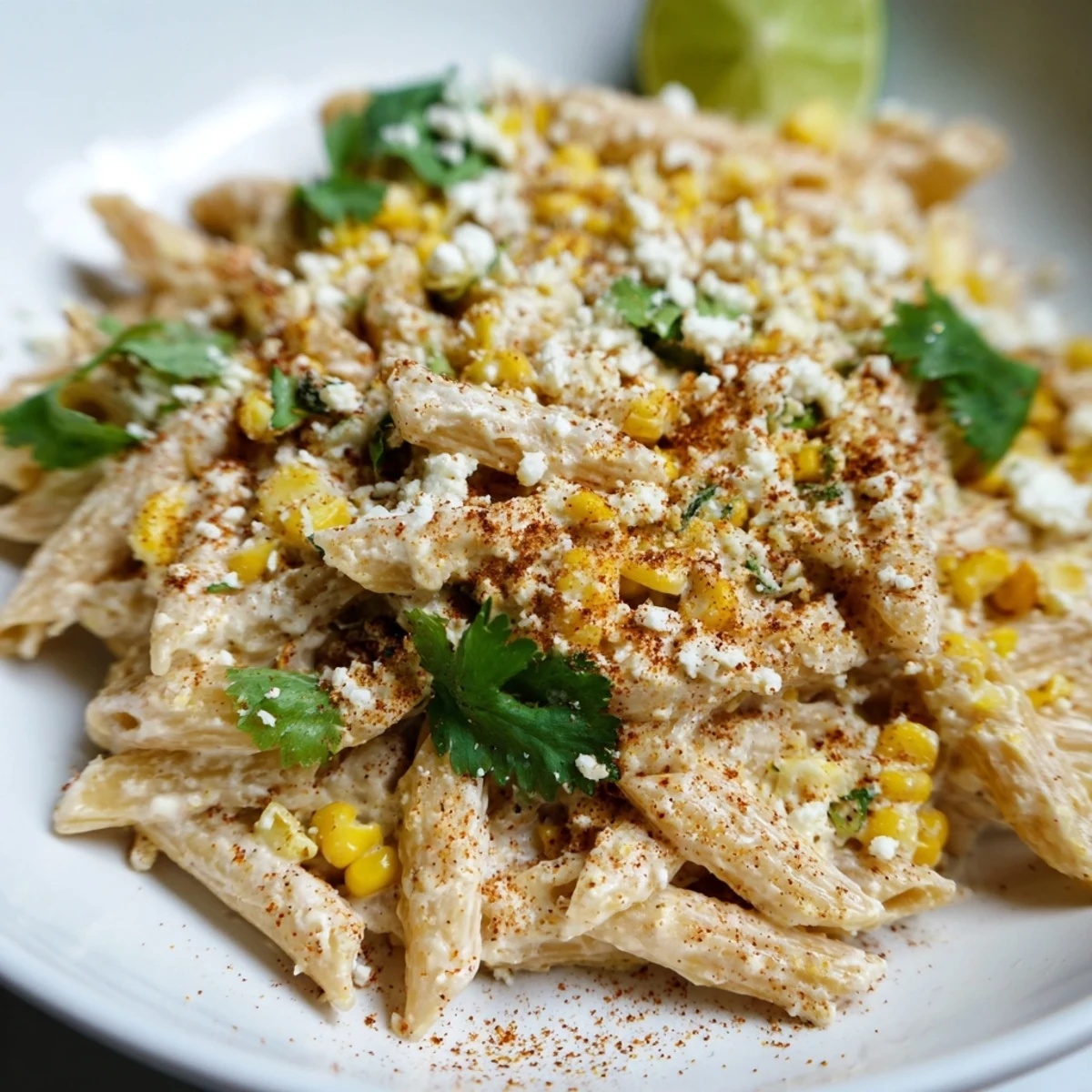 Delicious Mexican Street Corn Pasta, featuring roasted corn and a vibrant, creamy sauce.