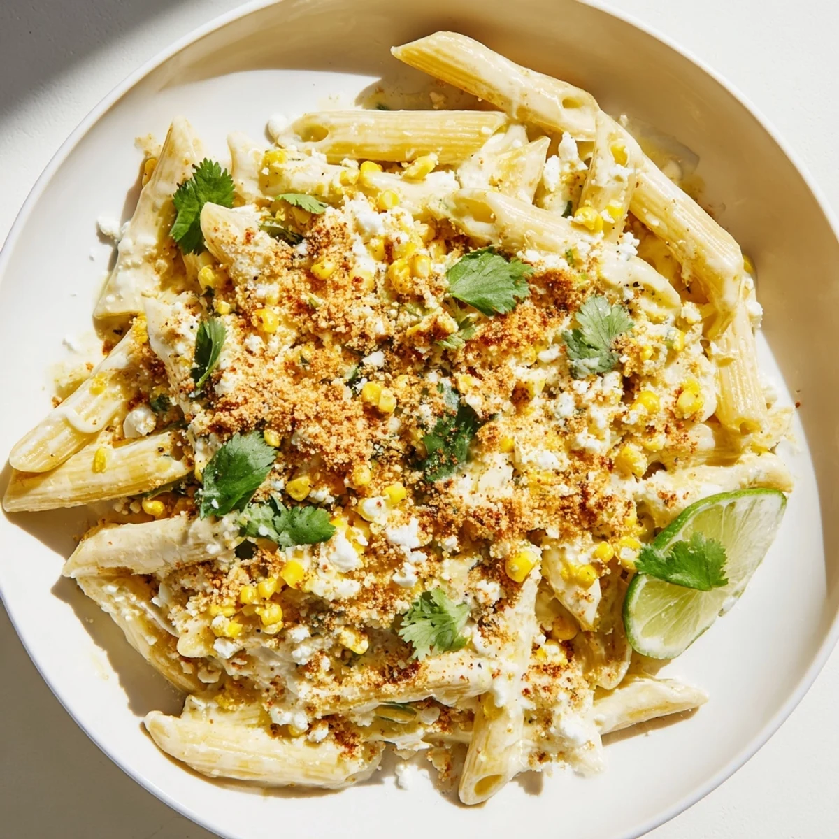 A close-up of flavorful Mexican Street Corn Pasta, with lime wedges and chili garnish.