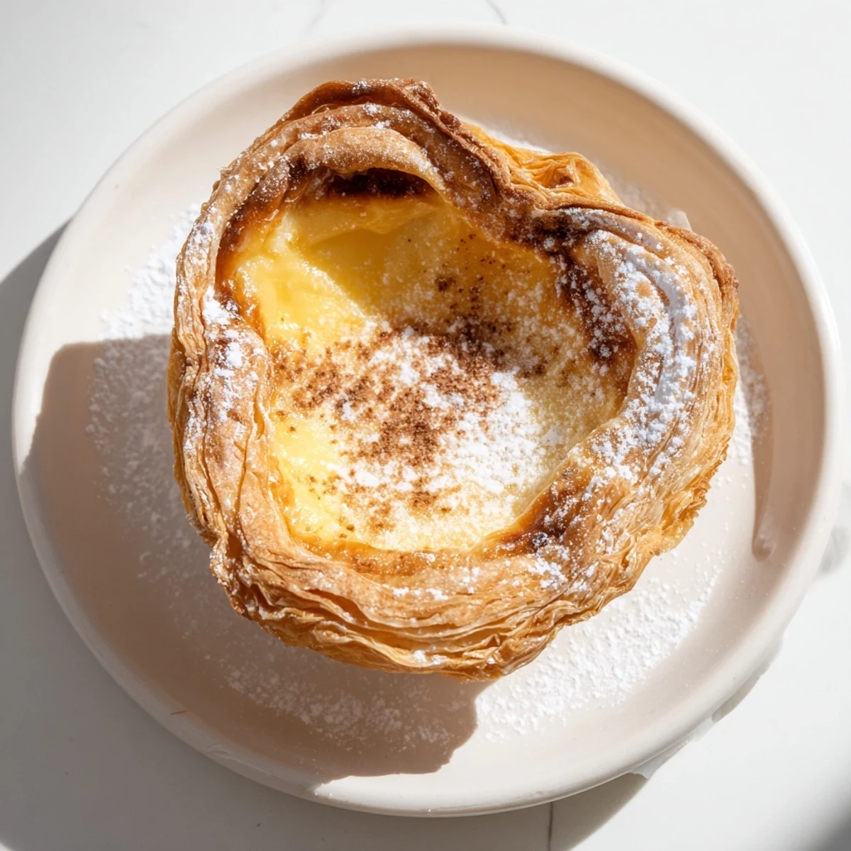 Golden-brown Portuguese egg tarts, a perfect dessert, dusted with cinnamon and powdered sugar.
