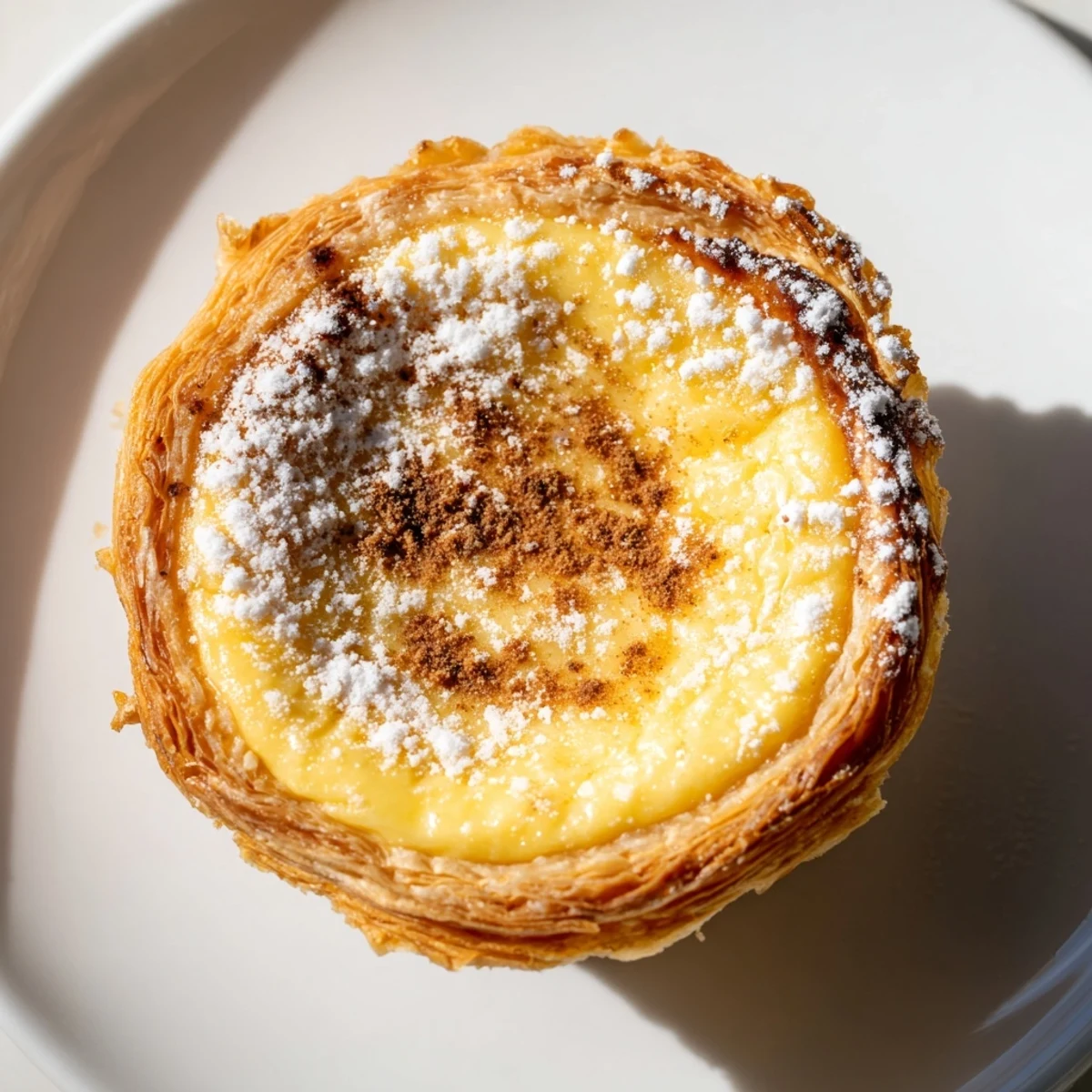 Homemade Portuguese egg tartlets with flaky crusts cradling creamy, baked custard filling—deliciously sweet.