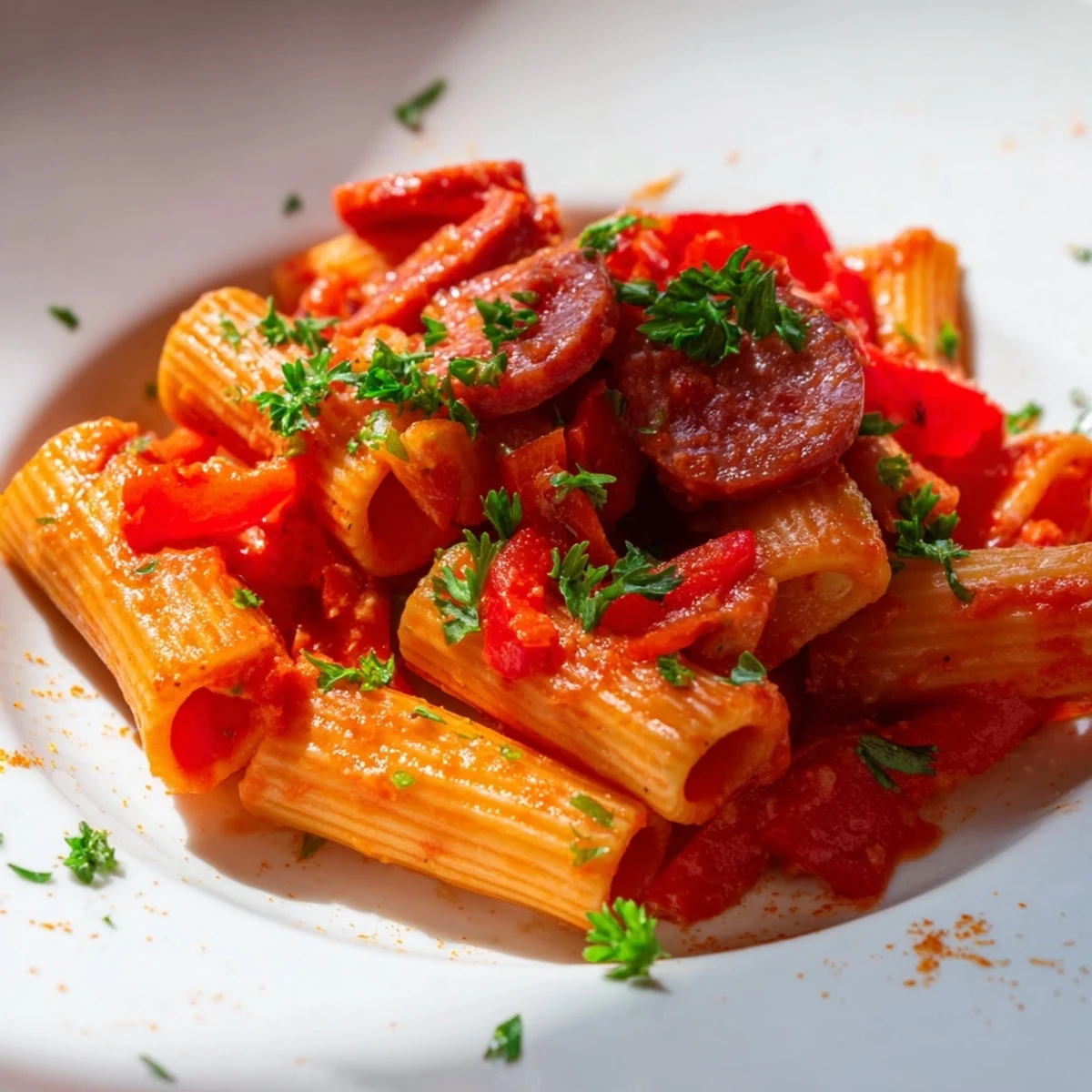 A steaming bowl of Spanish Chorizo Pasta, showcasing the vibrant Spanish flavors and textures.