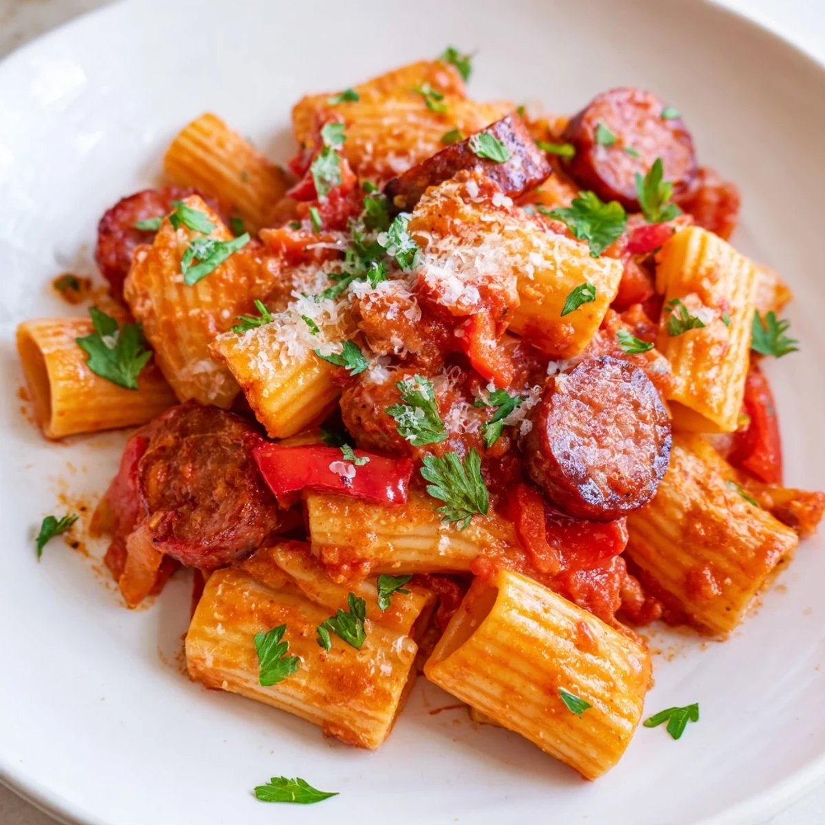 This photo features delicious Spanish Chorizo Pasta, ready to serve with fresh parsley and cheese.
