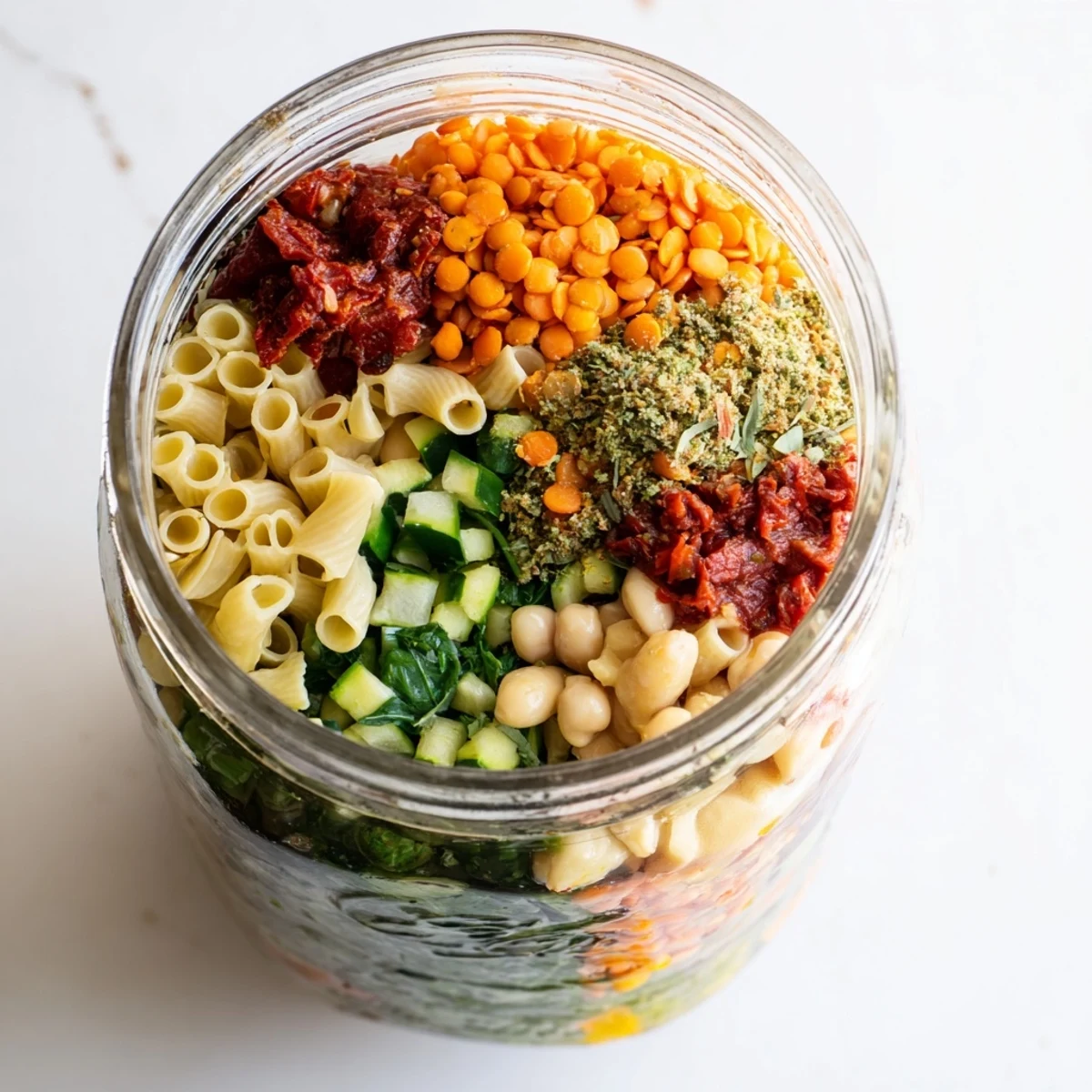 Steamy, nourishing minestrone soup in a jar, ready to be stirred and enjoyed with a sprinkle of Parmesan.